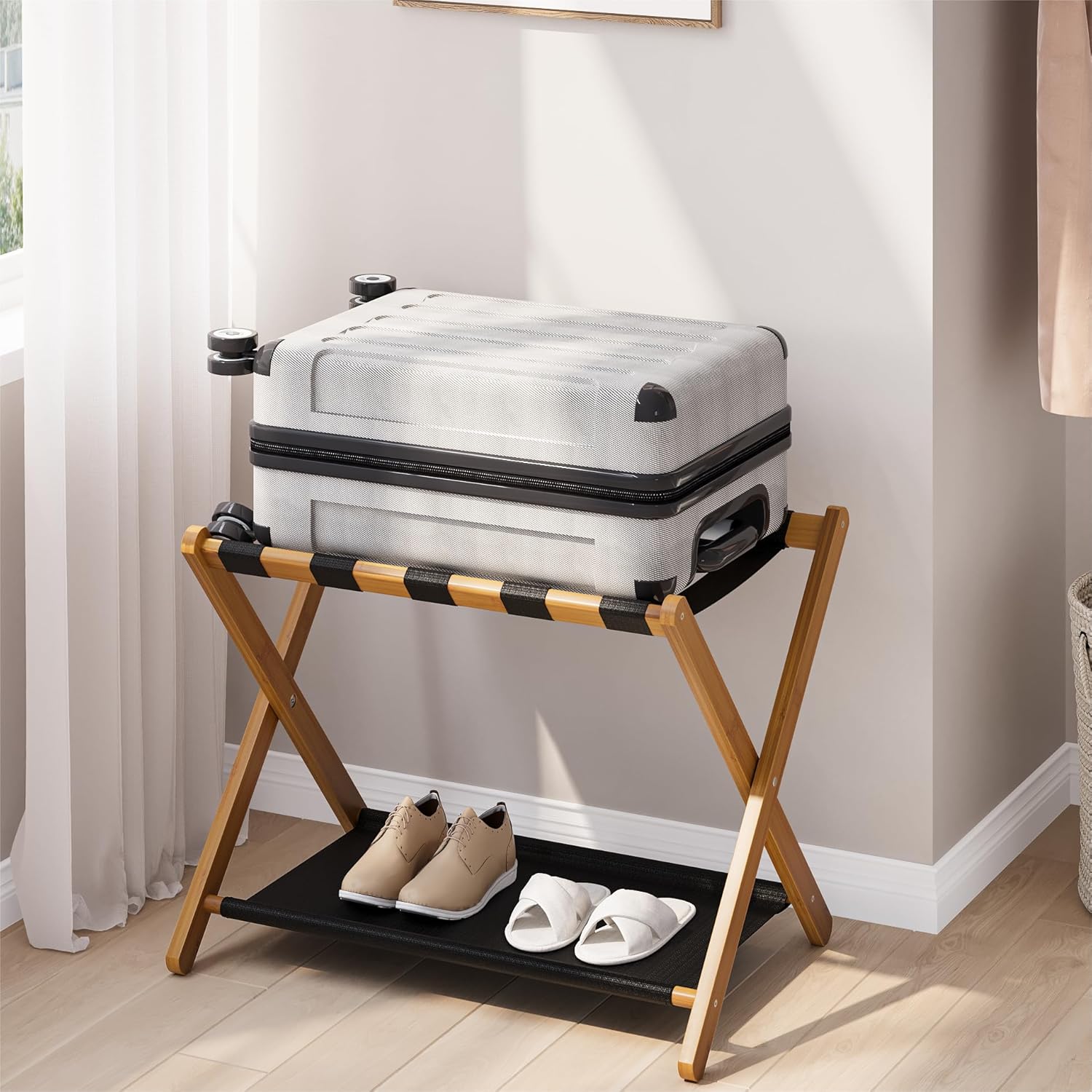 Luggage Rack, Folding Luggage Rack for Guest Room, Walnut Bamboo Suitcase Stand Holds up to 131 lb, Luggage Stand with Storage Shelf for Hotel, Bedroom (1 Pack) walnut bamboo(1pc)