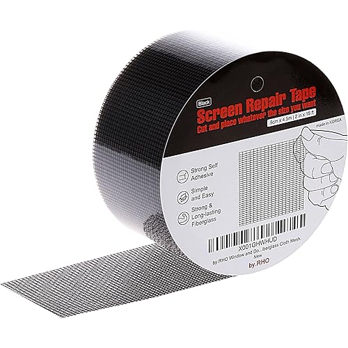 by.RHO Window Screen Repair Kit Tape (Black, 2" x 15FT) for Window Screen and Screen Door Tears Holes 3-Layer Strong Adhesive & Waterproof Tape Fiberglass Covering mesh