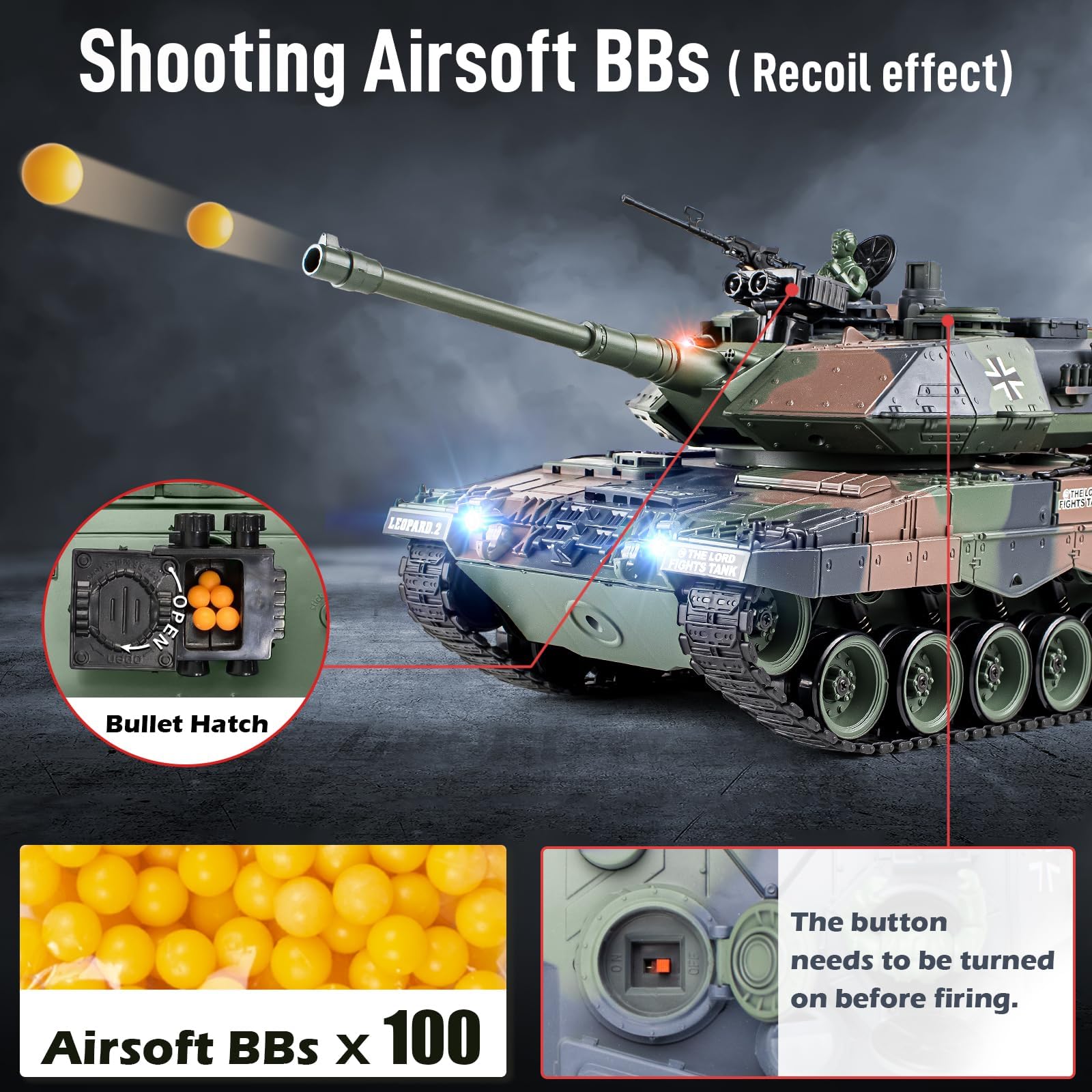 1:18 RC Tank, 2.4Ghz German Leopard II Remote Control Model Toys, Battle Army Tank 15 Channel with Smoke Light and Sound, Military Toy for Adults and Kids That Shoots BBS and Water Bombs