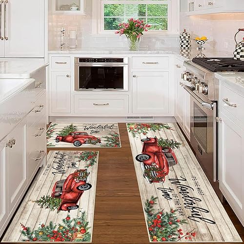 Miniatura 6 de Pauwer Juego de 3 alfombras de cocina de Navidad, tapetes de cocina con gnomo, alfombras y tapetes de cocina de granja, antideslizantes, lavables,