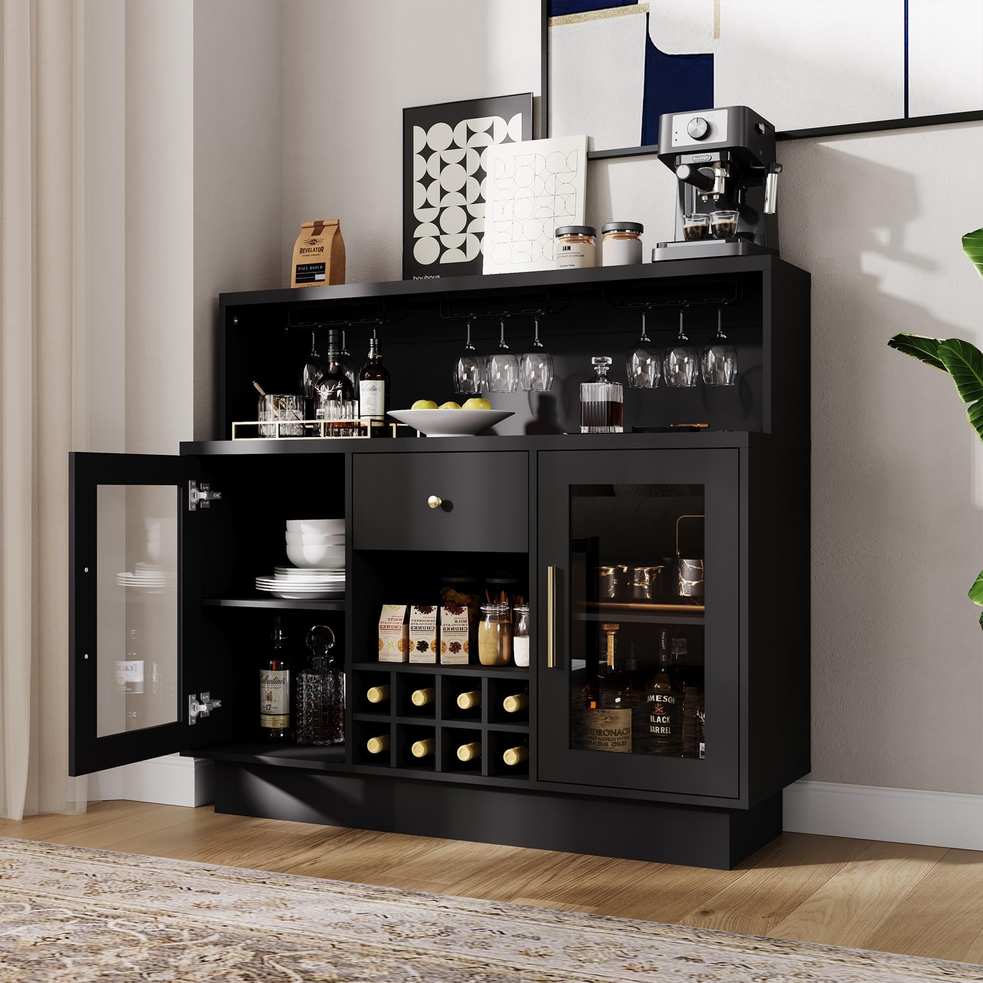 Garvee Modernes Wein- und Barschrank mit LED-Beleuchtung – Glashalter, Schublade, Steckdose, Platz für 8 Flaschen & 9-15 Gläser – Farbe: Schwarz