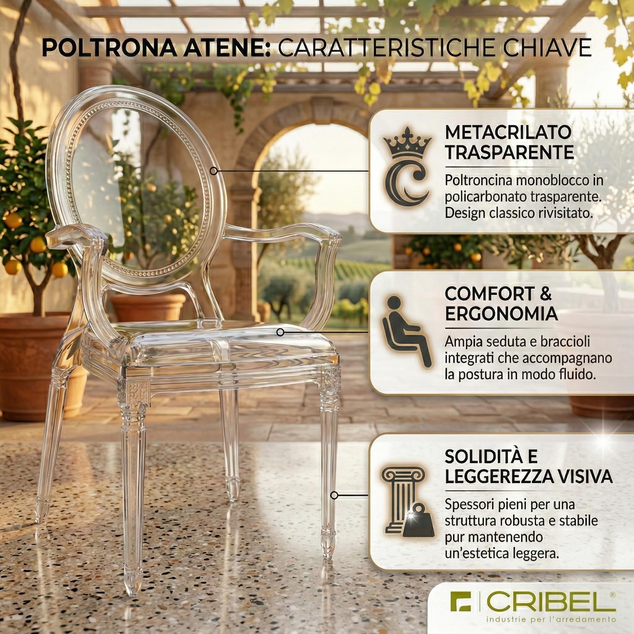Cribel Set da 4 Atene Poltrona Trasparente in Policarbonato con Braccioli Integrati, Design Classico Rivisitato con Schienale Ovale Decorato 58x55x99.5 cm