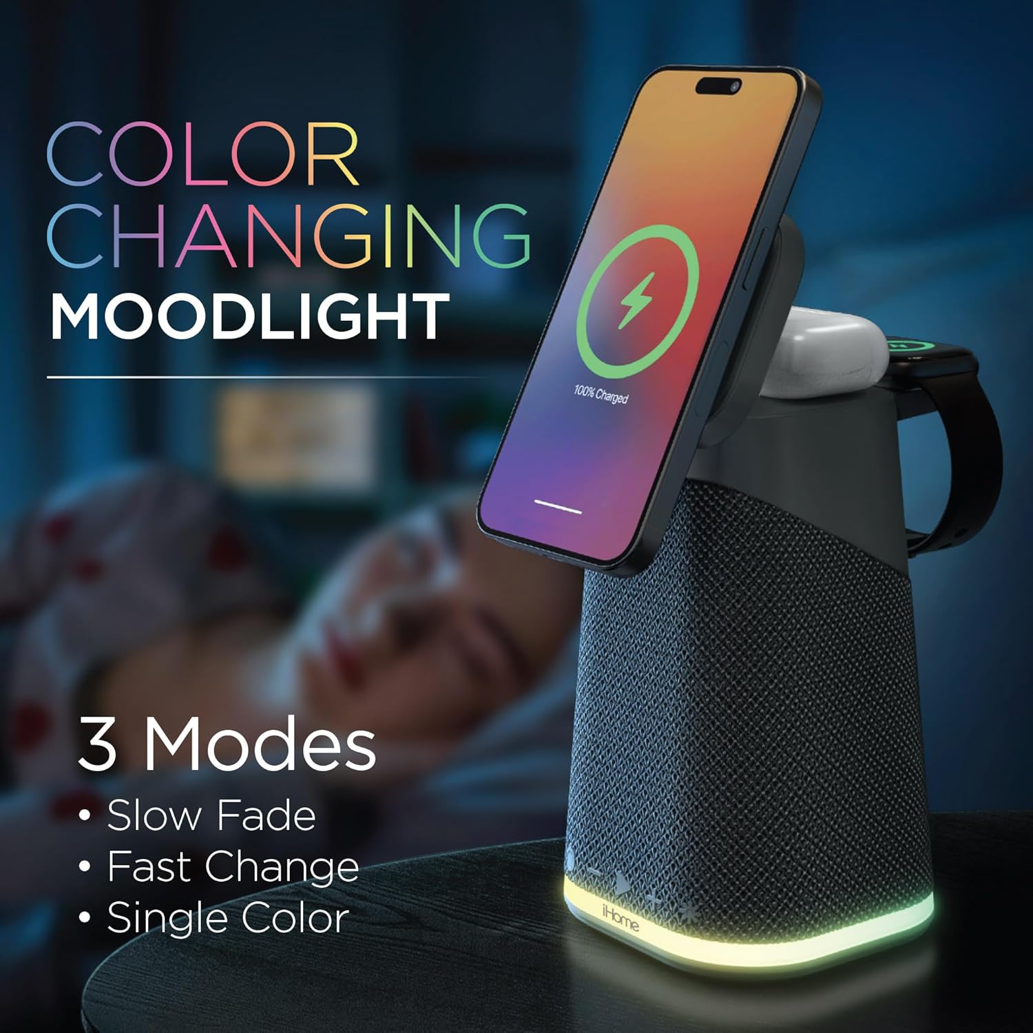 iHome Wireless Charging Station with Apple Watch Charger, Airpods Charger, Bluetooth Speaker, and Color Changing Night Light – Dark Grey (iPBT70DG)