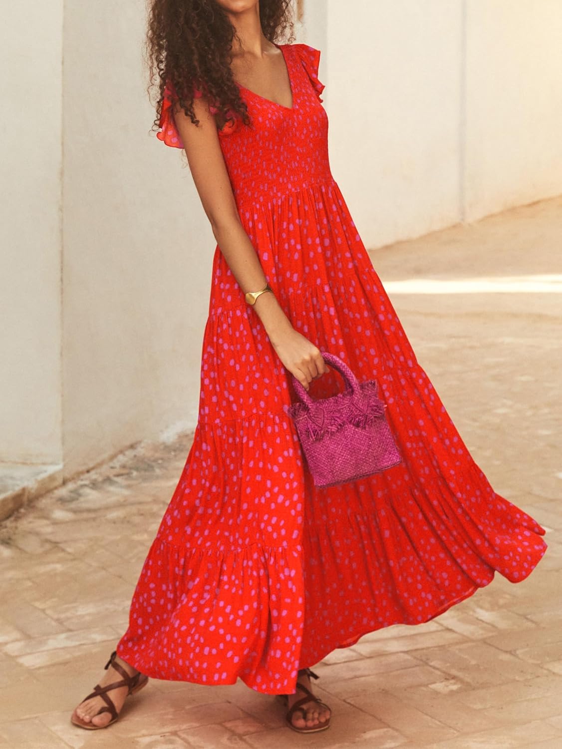 MASCOMODA Womens Summer Maxi Dress Casual V Neck Cap Sleeve Smocked Dresses Ruffle Tiered Beach Party Long Flowy Sundresses - Image 3