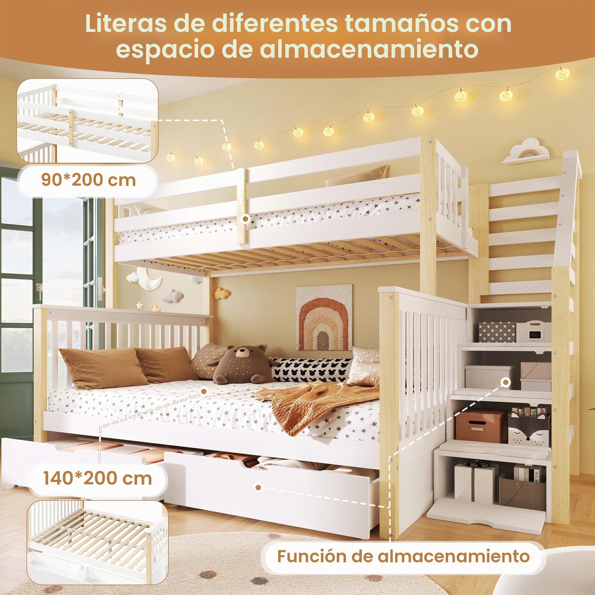 Litera 90(140) x200 cm Cama Infantil con 2 Cajones y Escalera de Almacenaje, Literas Infantiles con Barandilla Anticaída, Cama Litera Matrimonio para 2 Personas, Sin Colchón, Blanco+Natural