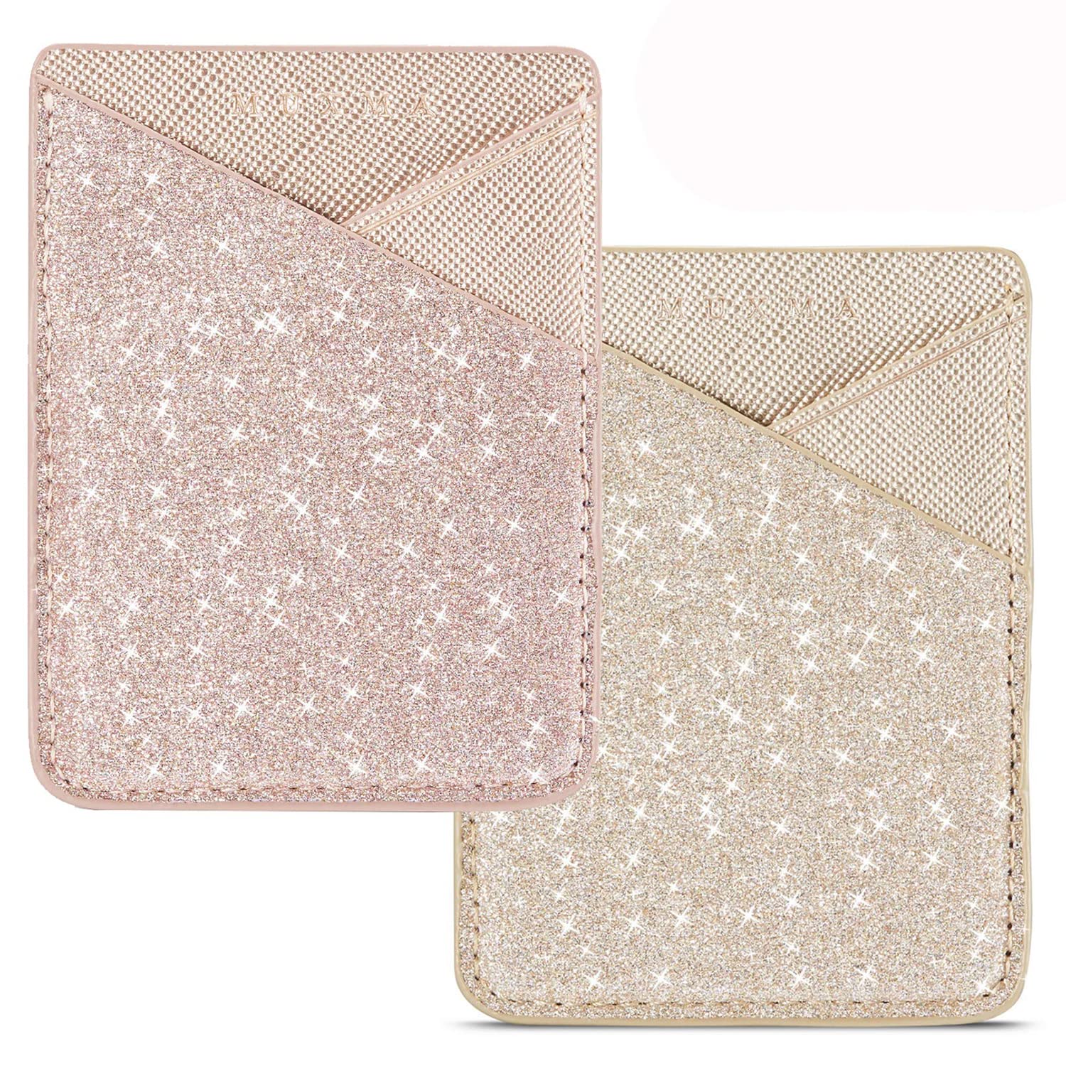 Phone Card Holder Cell Phone Stick On Phone Glitter PU Leather Sleeve (for Credit Card, Business Card & Id), Compatible with iPhone, Samsung Most Smartphones (Rose/Gold)