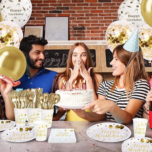 Miniatura 7 de Platos y servilletas de feliz cumpleaños, 200 piezas de decoración de fiesta de cumpleaños blanco y dorado, platos de peper, servilletas, globos,