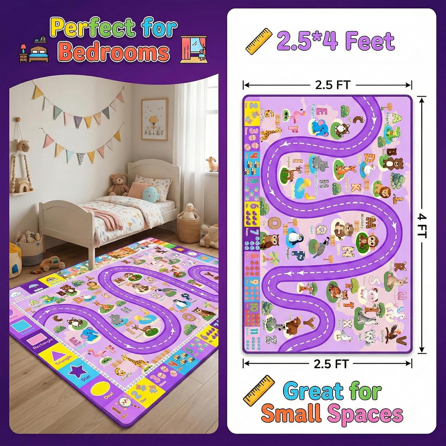 ABC Rug for Kids Room - 2.5x4 Feet Alphabet Rugs for Kids Playroom, Small Educational Rug Learning Animals Numbers, Preschool Carpet Children Bedroom Decor, Purple, 30''x48''