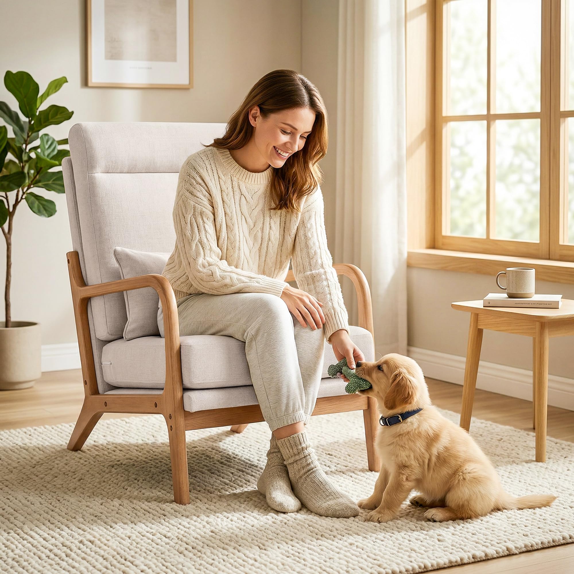 HOMCOM Fauteuil Salon, Fauteuil d'appoint rembourré en Lin avec Large Assise, Soutien Lombaire, Haut Dossier, Coussin épais et Structure en Bois Massif, Chaise de Salon, Chambre, Coins Lecture, crème