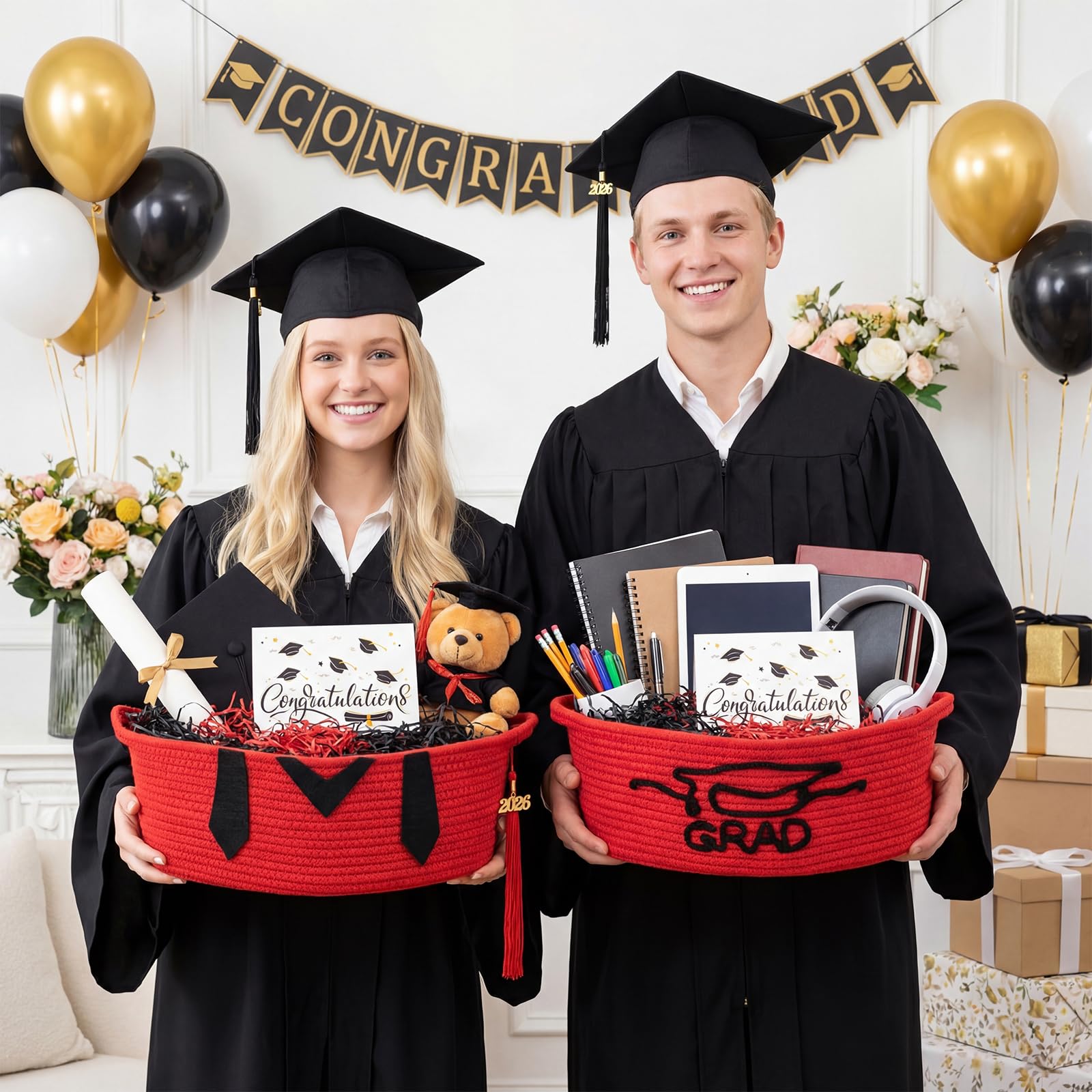 Colingmill 2 Pack Class of 2026 Graduation Empty Gift Basket 14''x10''x5.5'' Woven Rope Basket Empty to Fill with Grad Design Bag Ribbon Card Tassel, Decorative DIY Congrat Gift(Red and Black)