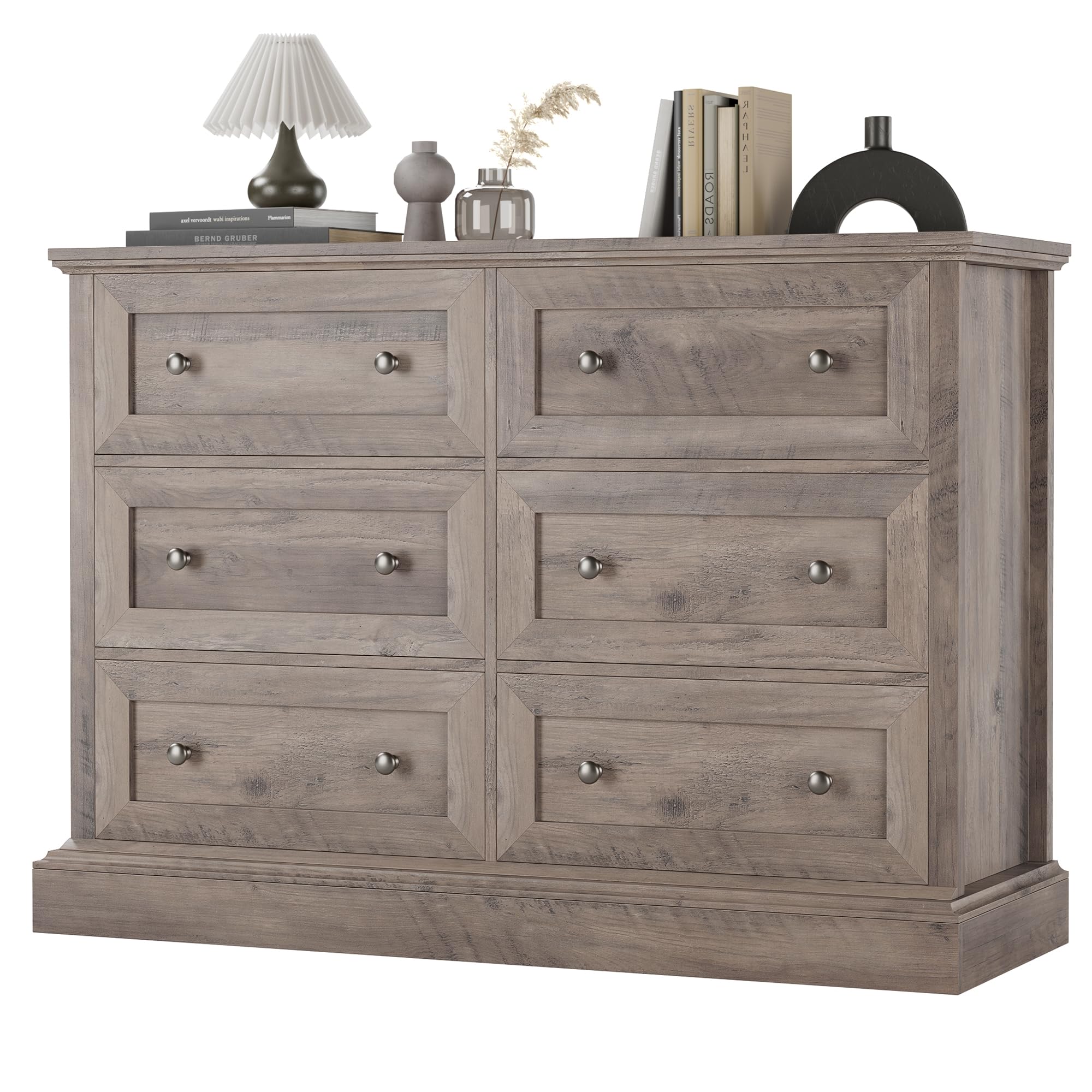 Modern 6 Drawer Double Dresser, Wood Dresser Chest, Wide Chest of Drawers with Deep Drawers & Mental Double Handles for Hallway Living Room, Wash Gray