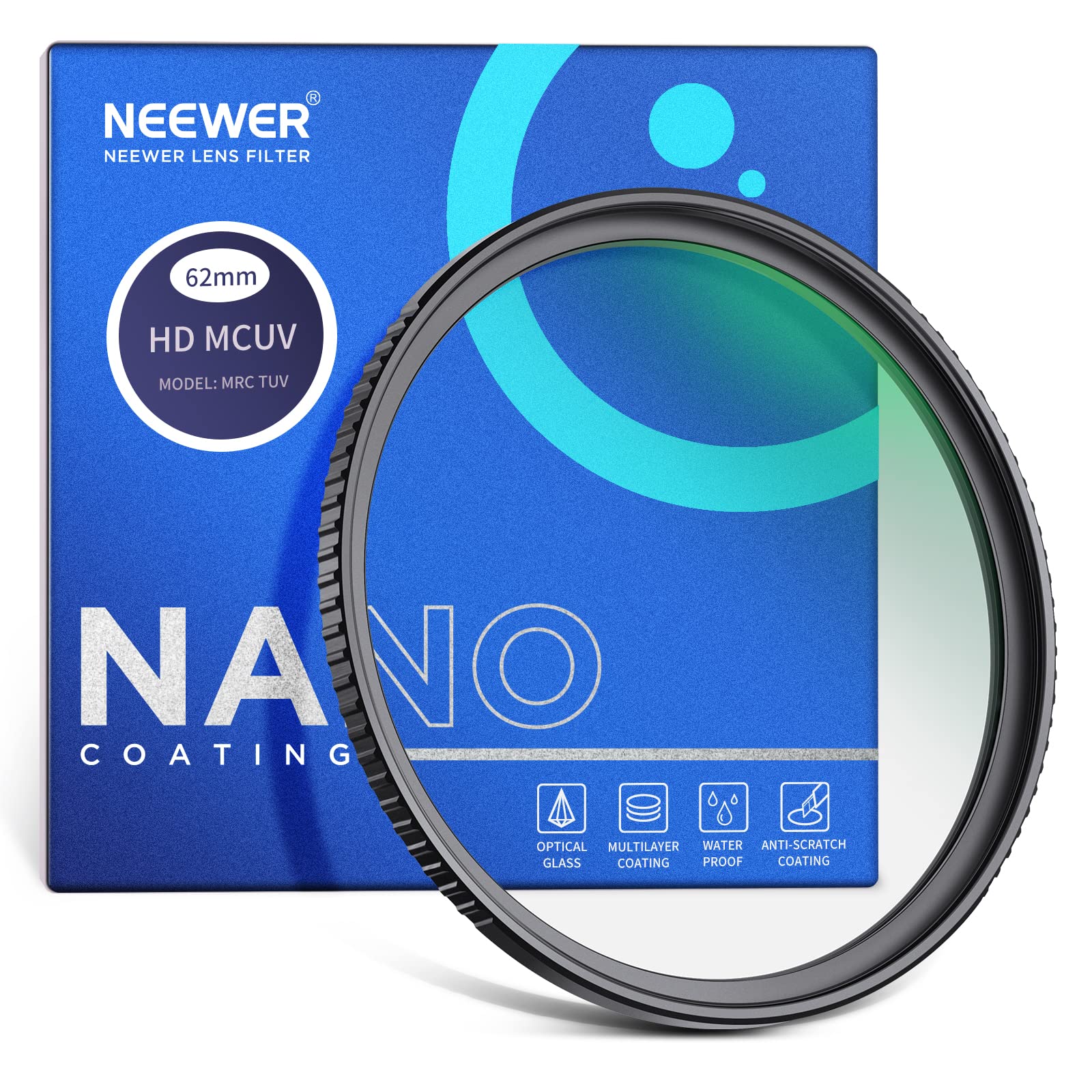 NEEWER 62mm UV Filter， Ultra Slim UV Protection 62mm Camera Lens Filter with 9H High Hardness Tempered HD Optical Glass/Aluminum Alloy Frame/30 Layers Nano Coated/Water Repellent/Scratch Resistant