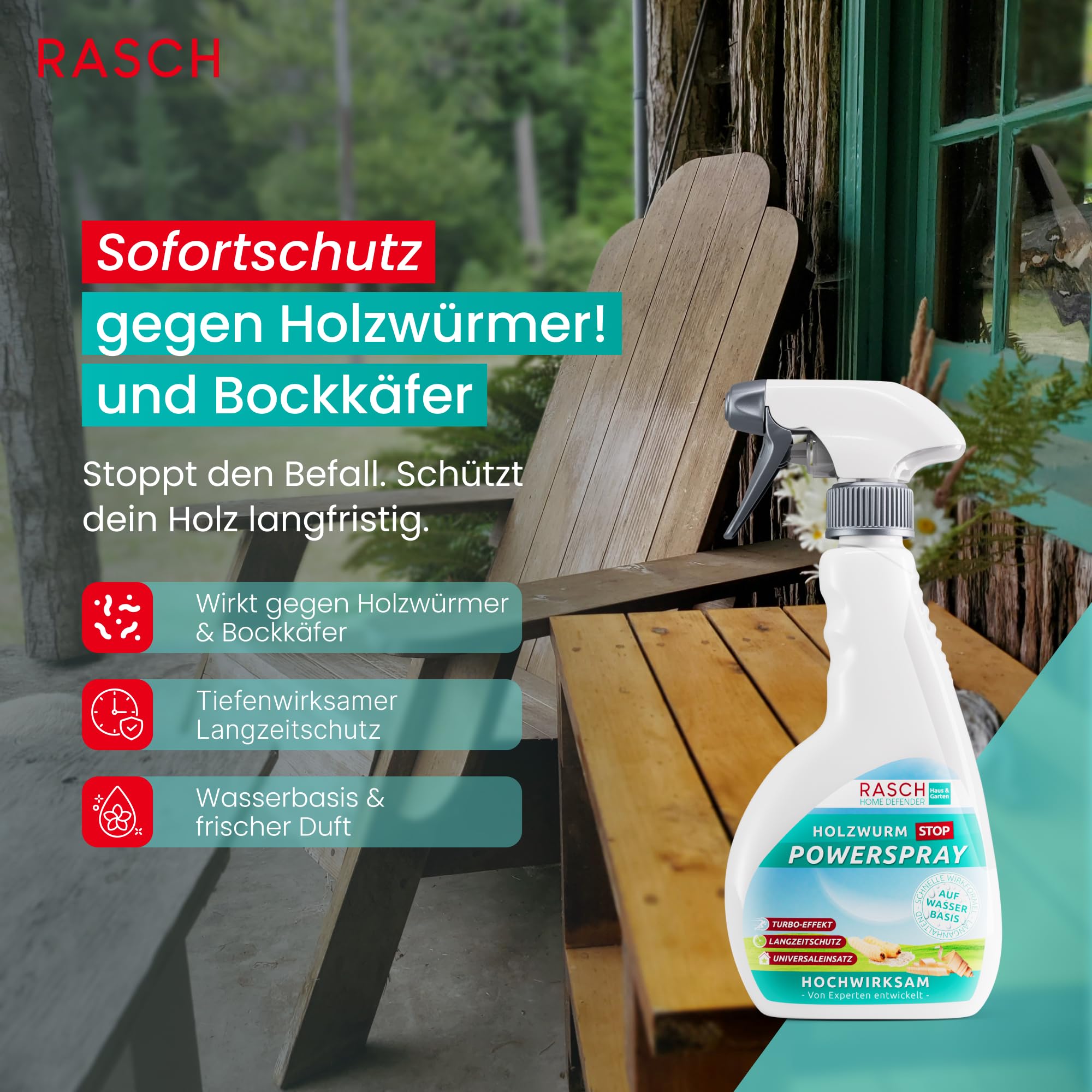 Rasch® Home Defender Holzwurmspray [500ML] - Anti Holzwurm Spray - Mittel für Holzwurmtod - Holzwurmmittel - Holzschutzspray gegen Holzwürmer - Holzschutzmittel Sprayflasche gegen Holzwurmbefall