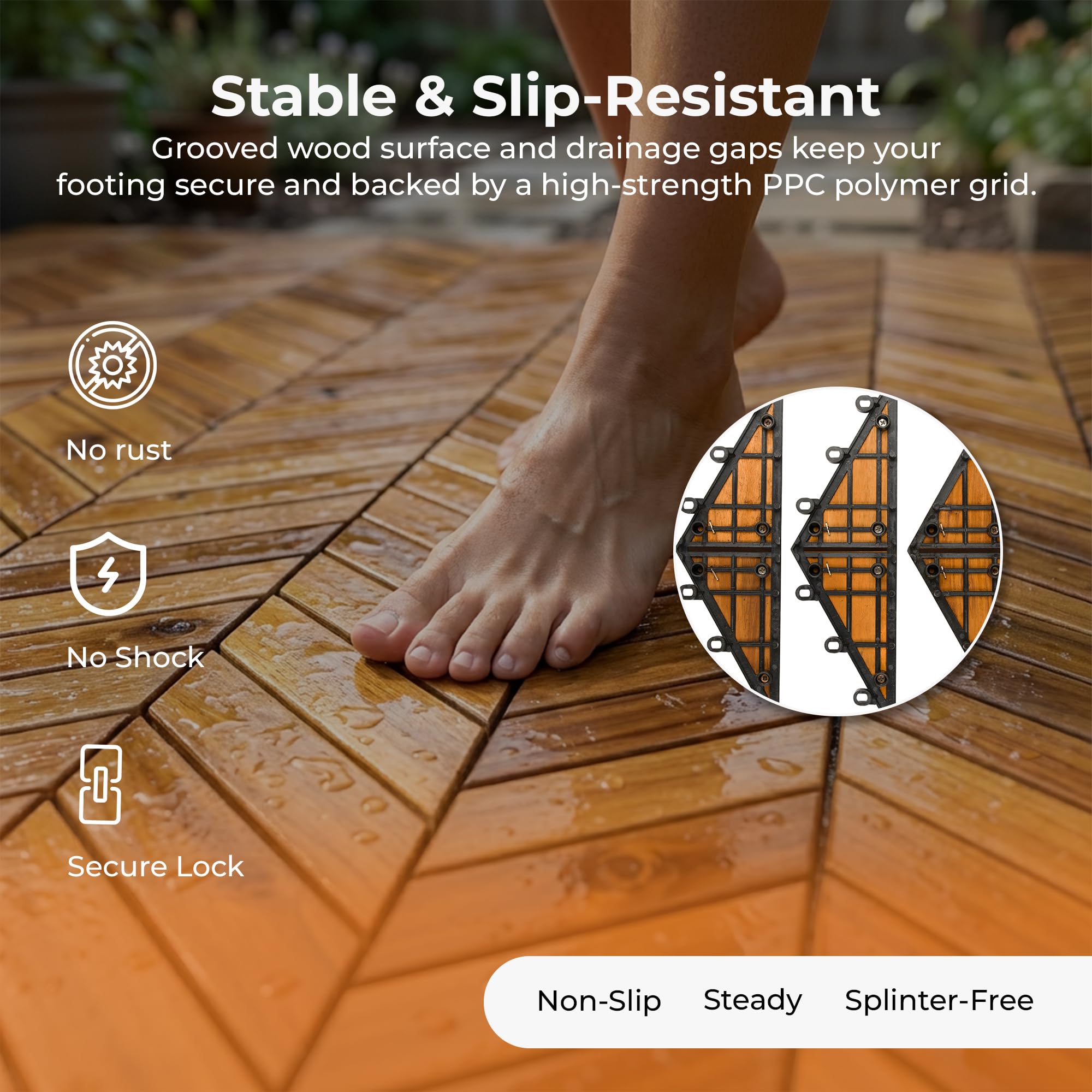 Piastrelle ad incastro 30,5 x 22,9 cm, a spina di pesce, 6 mq, in legno di acacia antiscivolo, per esterni, patio, terrazza, portico e balcone, facili da installare (confezione da 8)
