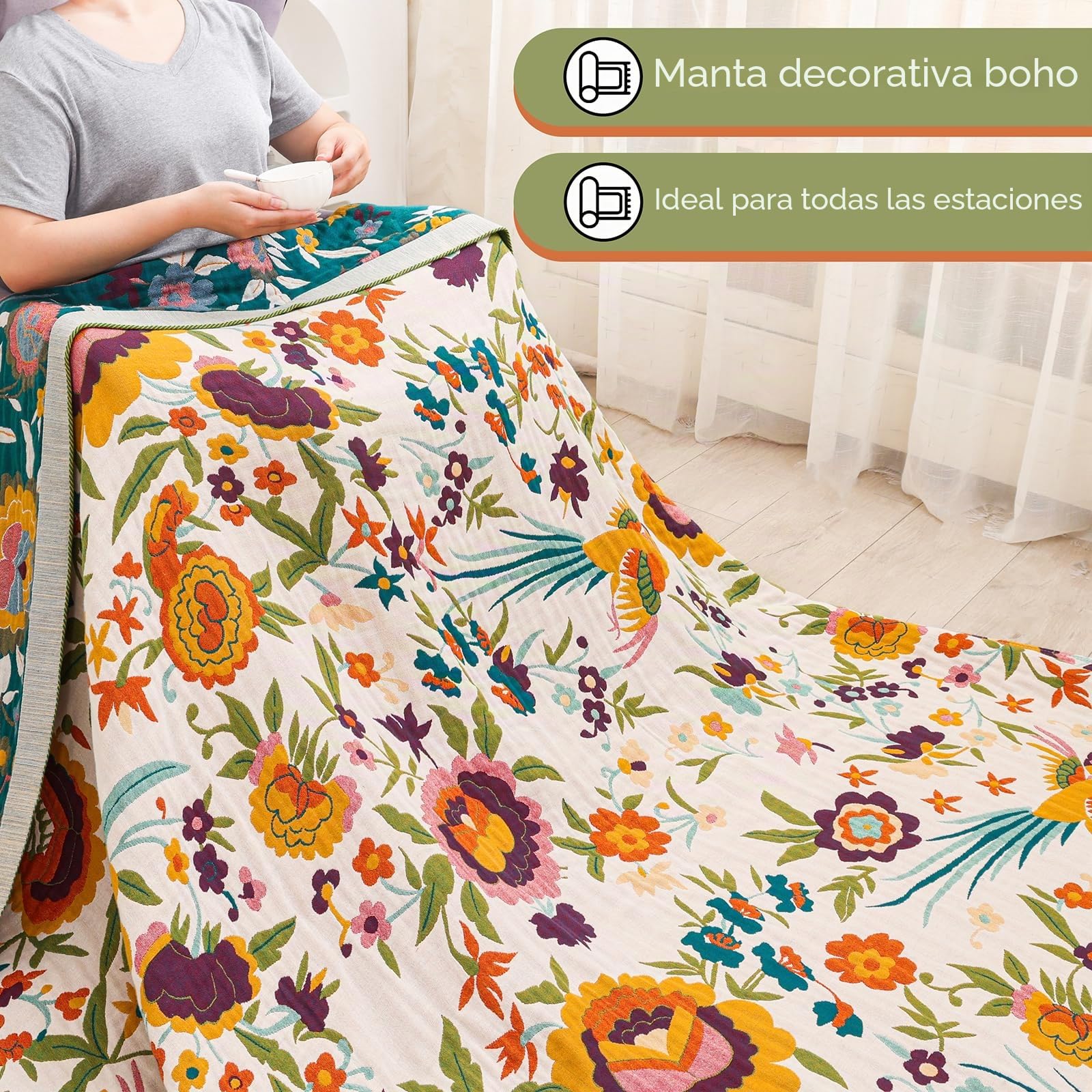 HOORDRY Manta decorativa bohemia de algodón de doble cara, agradable al tacto, para cama individual y sillón con patrones de flores, colcha para todas las estaciones, 100% algodón puro, 150 x 200 cm.