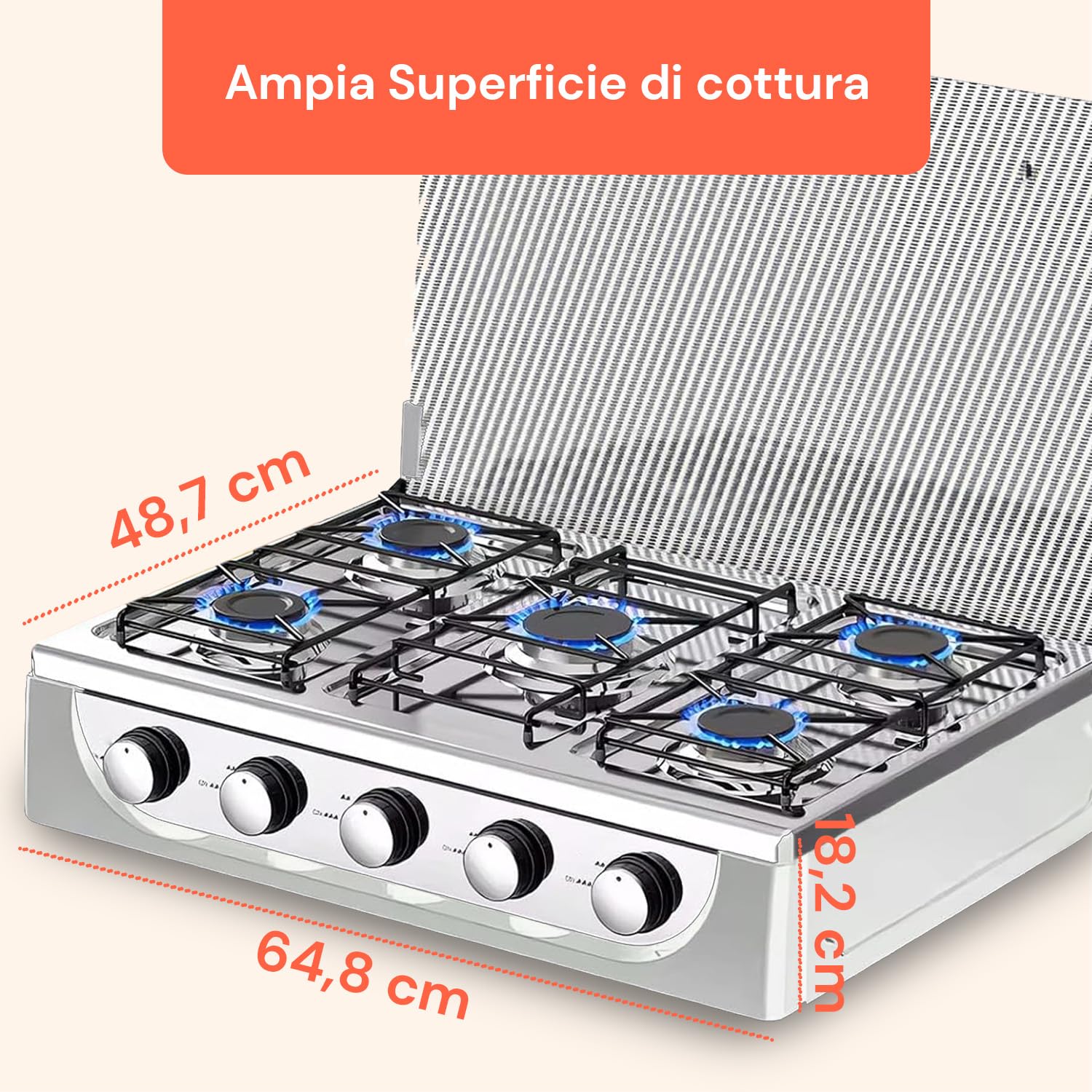 Avilia - 5-palnikowa płyta kuchenna z kryształową pokrywą i żeliwnym rusztem, wysoka moc, elegancki design, do użytku domowego i profesjonalnego, łatwy zapłon, solidna i bezpieczna konstrukcja