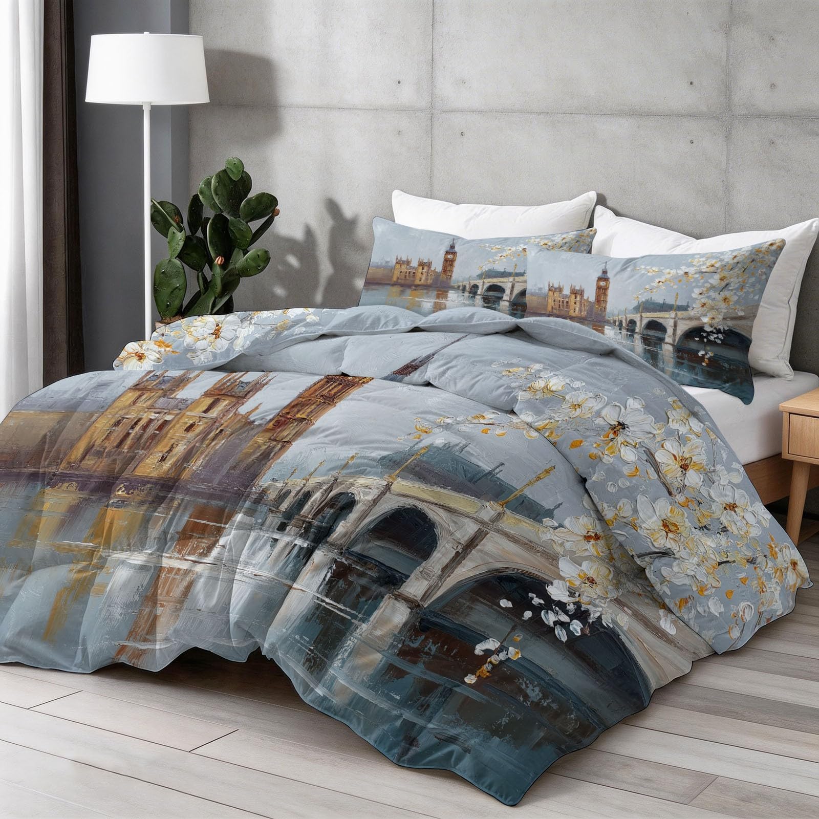 Piumino Reversibile 200x200 cm - Architettura Astratta Ponte - Per l'autunno e l'inverno e per le camere con temperature medie - Tocco Piuma, Caldo, Traspirante, Fiori Bianchi