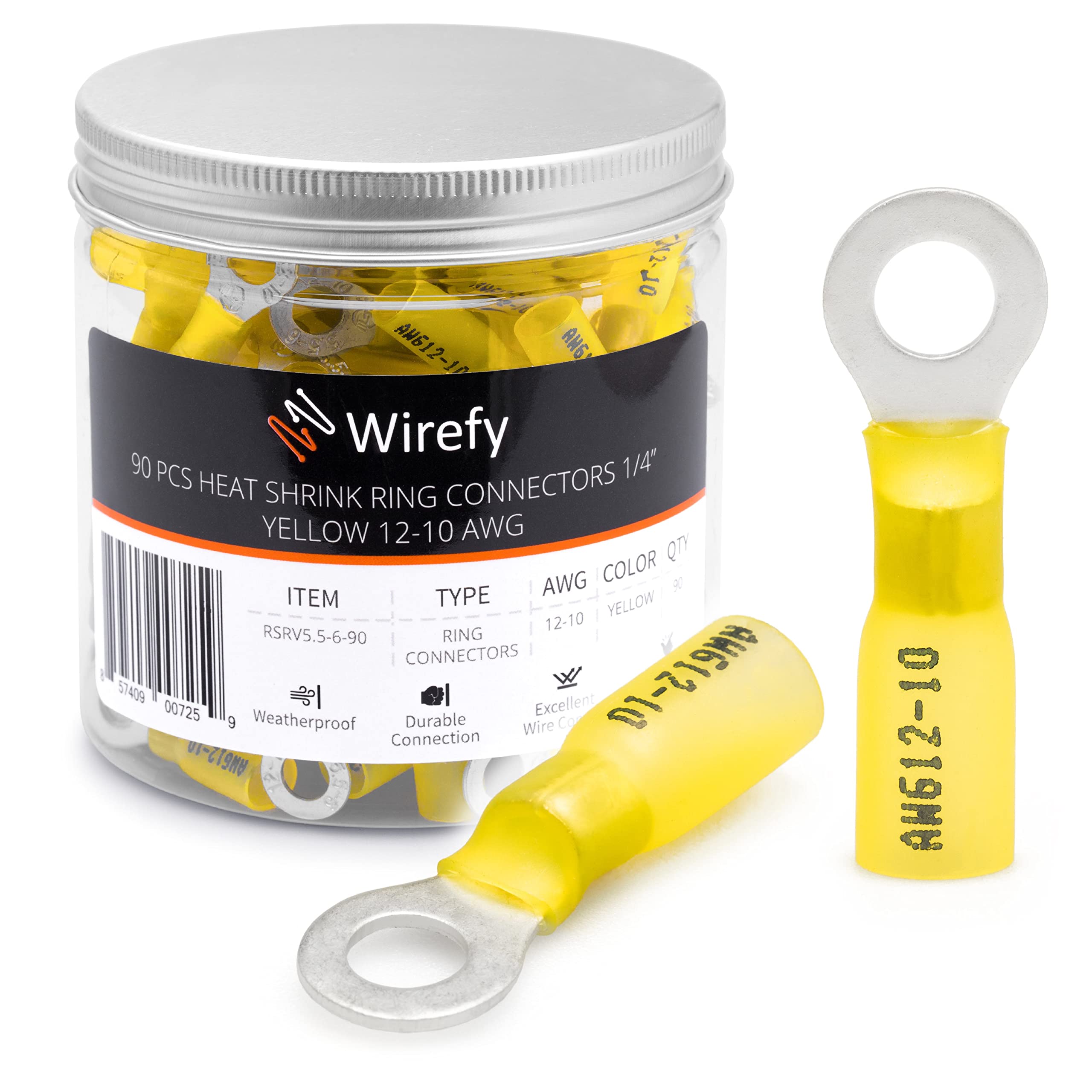 Wirefy Heat Shrink Ring Terminals 1/4" - Marine Grade Terminal Connectors - Waterproof Eyelet Wire Connectors - Red 10-12 AWG - 90 PCS