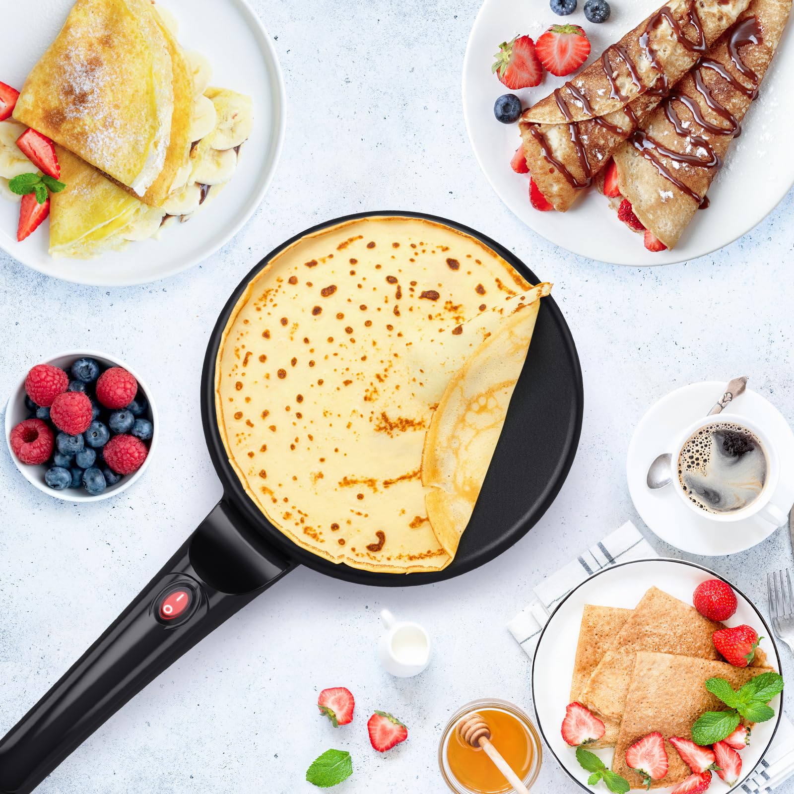 SNAILAR Crepera, 800W Crepera Electrica con Mango, Revestimiento Antiadherente, Superficie Calentada de 20 cm de Diámetro, Incluye Cuenco de Comida, Fácil de Manejar y de Limpiar