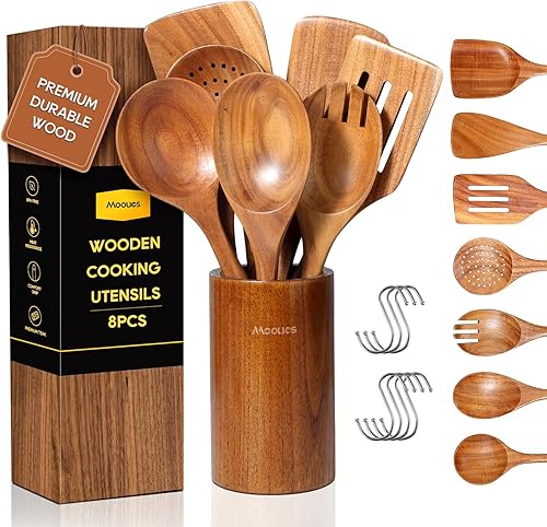 Miniatura 12 de Cucharas de madera para cocinar, juego de utensilios de cocina de madera de teca con ganchos, acabado liso, antiadherente, agarre cómodo, utensilios