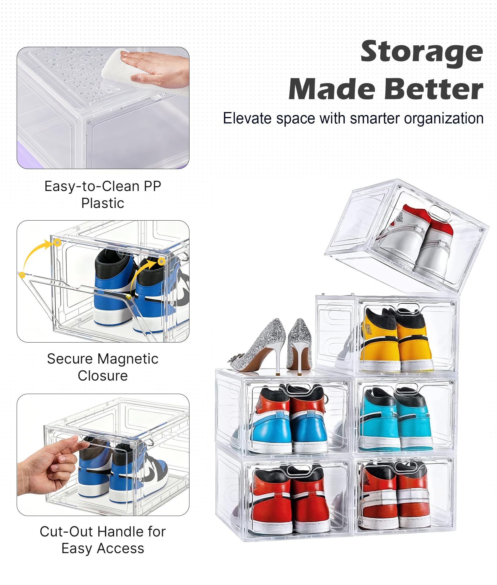 ADOV Schuhboxen Set 6 Stück, Transparente Stapelbare Schuh Aufbewahrungsboxen aus Kunststoff mit Deckel, Klare Schuh Organizer für Sneaker, Damen Herren Kinder, bis EU 46