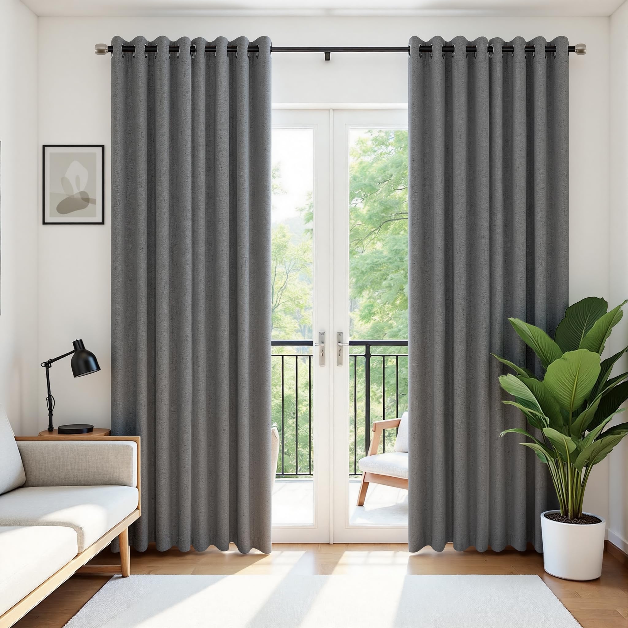 Mrs.Naturall Dark Grey Blackout Curtains 90 Inches Long, Grommet Light Blocking Room Darkening Linen Black Out 90 Inch Length Curtains 2 Panel Set for Living Room Bedroom, Gray