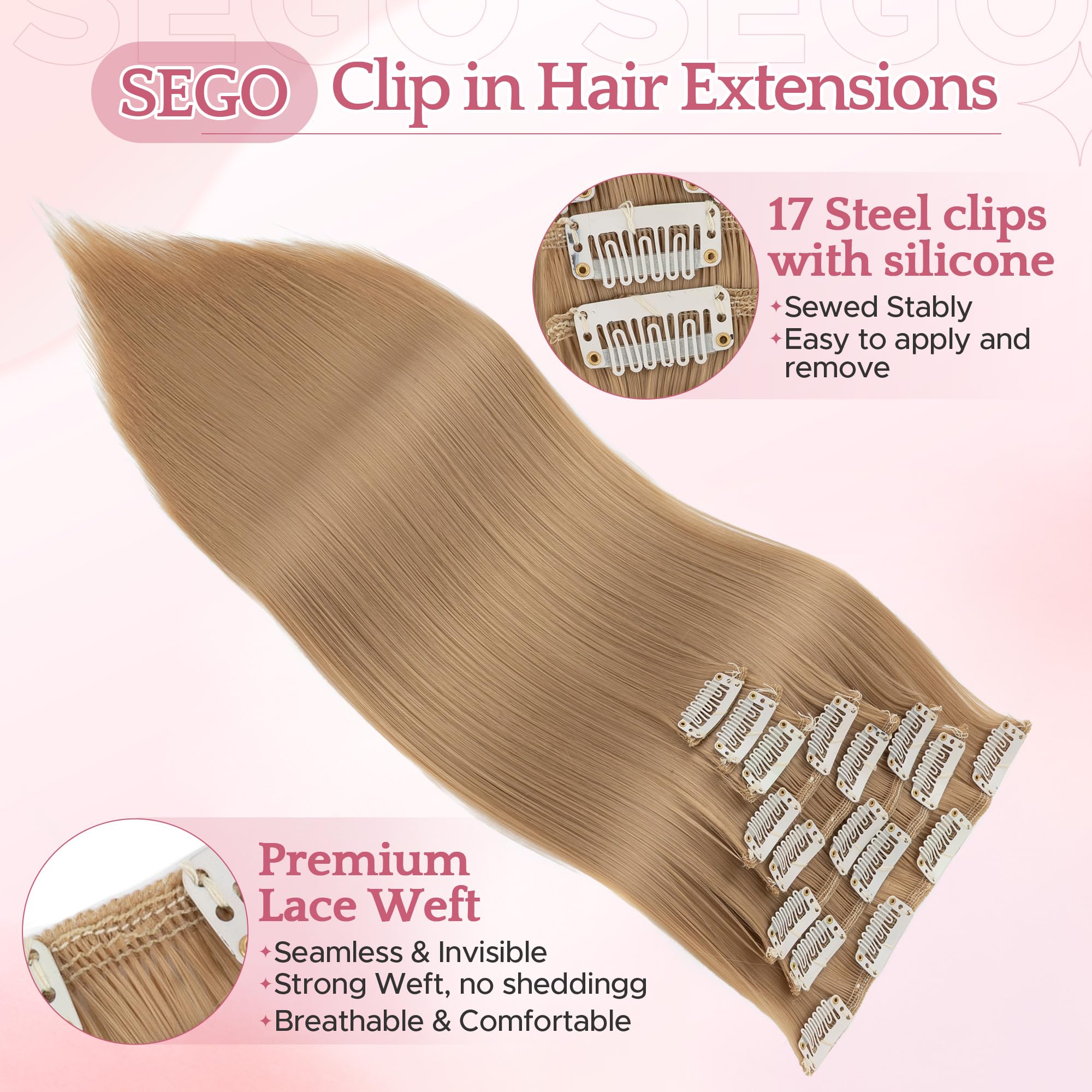 SEGO 18 Inch Thick Highlight Hair Piece 8PCS Long Straight Clip in Extensions Full Head 130g Synthetic Fiber Hairpieces for Women Dark Blonde - Image 2
