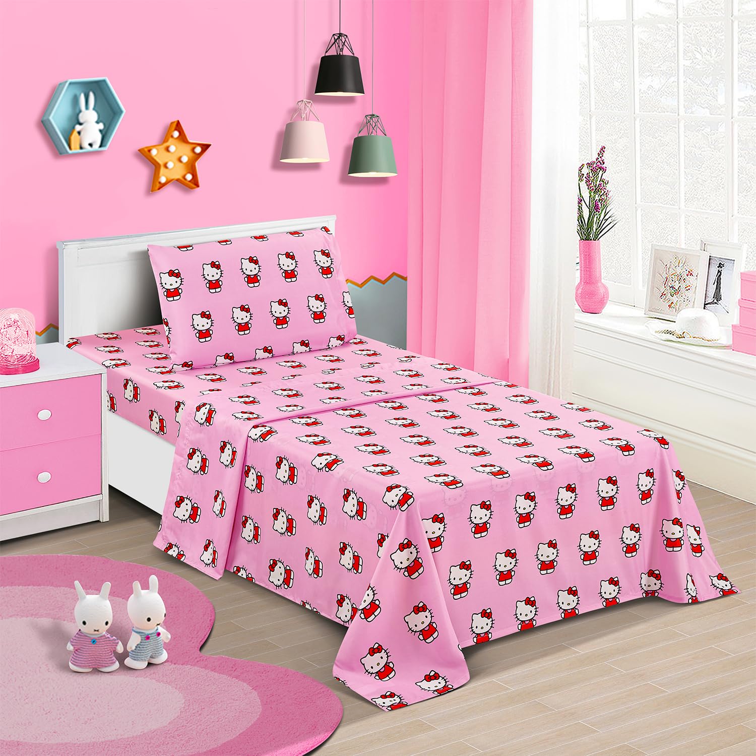 Hello Kitty Sheet Set - Bundle of Bedding with Bedspread, Flat Sheet, Fitted Sheet, and Pillowcase for Twin Bed, More | Bedroom Decor