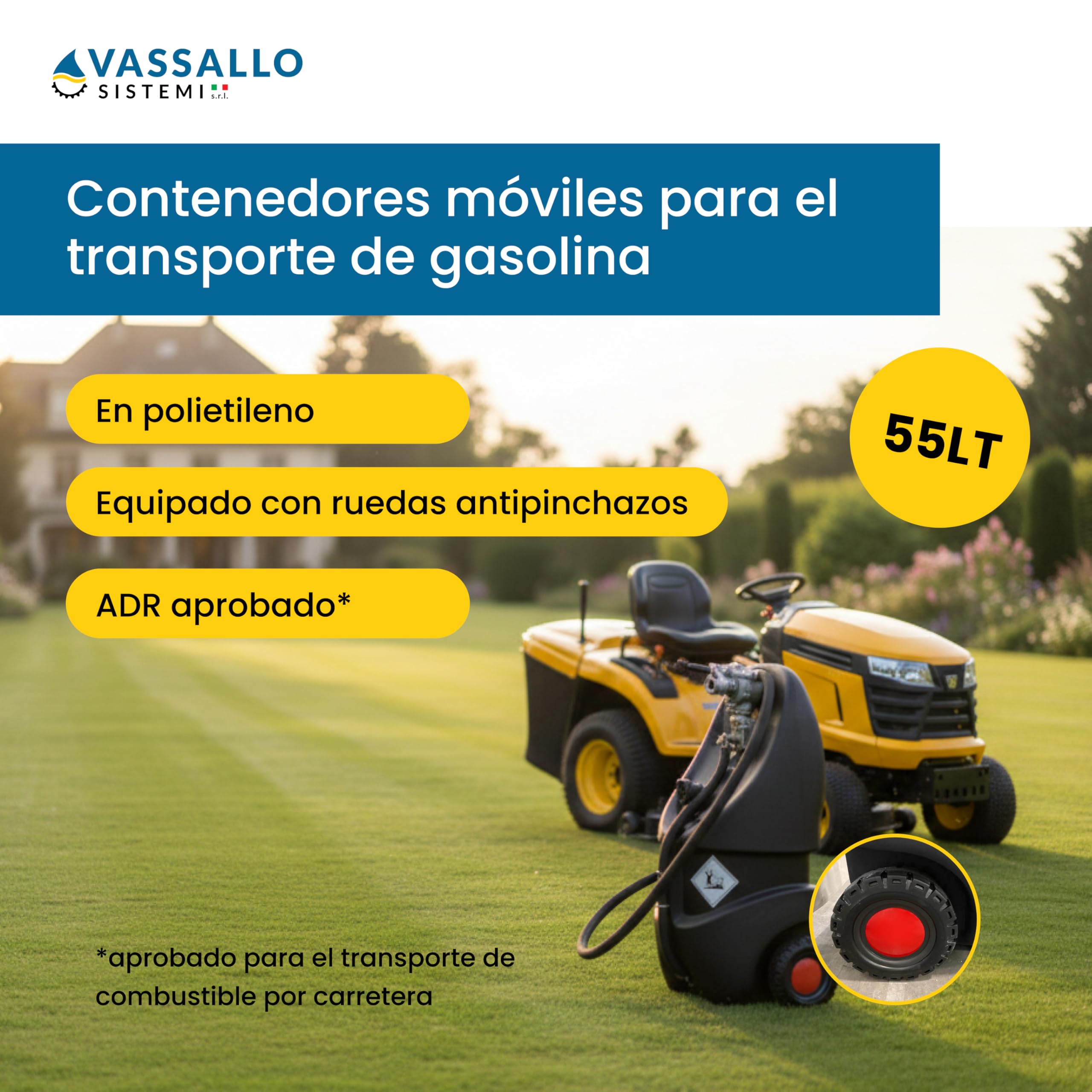 MobiFuel – Tanque de combustible portátil con ruedas para gasolina–Bidón transportable profesional con pistola dispensadora y manguera 3m – Almacenamiento seguro para embarcaciones, jardinería y obras