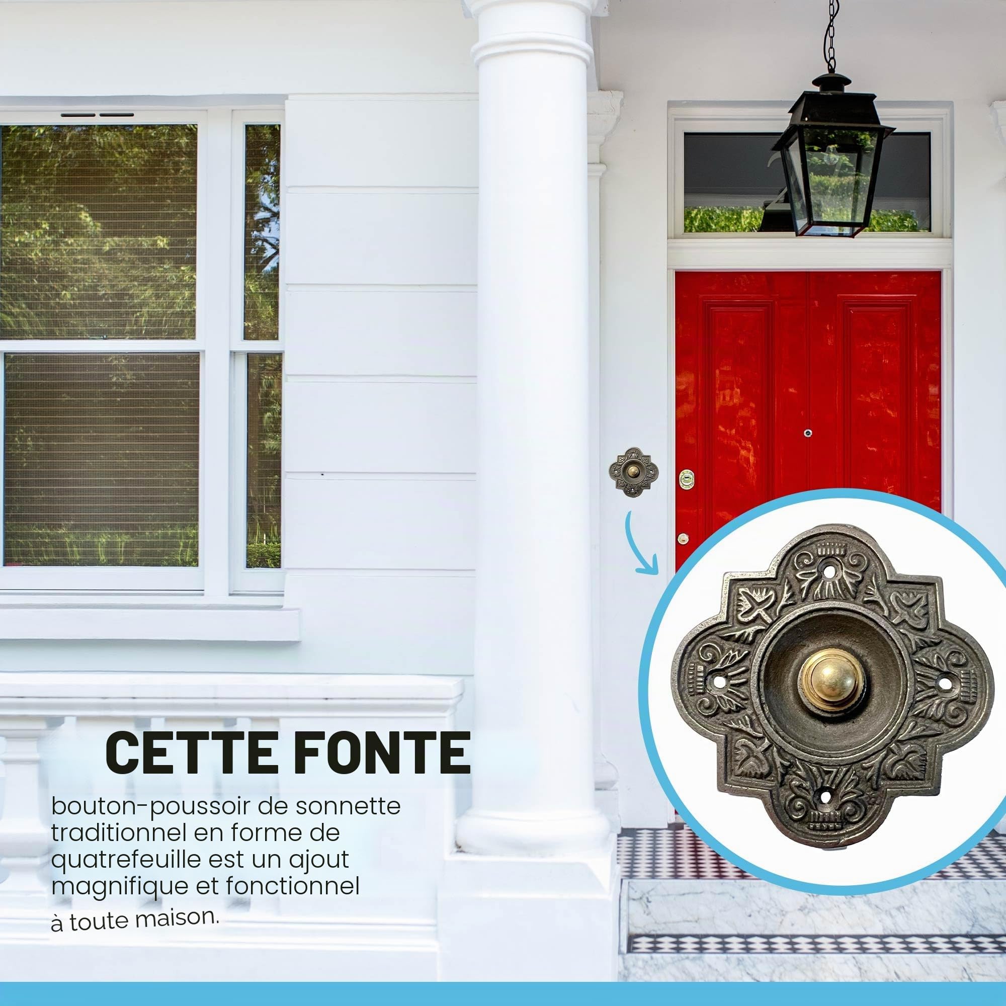 Bouton poussoir de sonnette en fonte de forme traditionnelle à quatre feuilles | 10 cm x 10 cm | Bouton poussoir en laiton avec entourage en fonte | Sonnette de porte style vintage