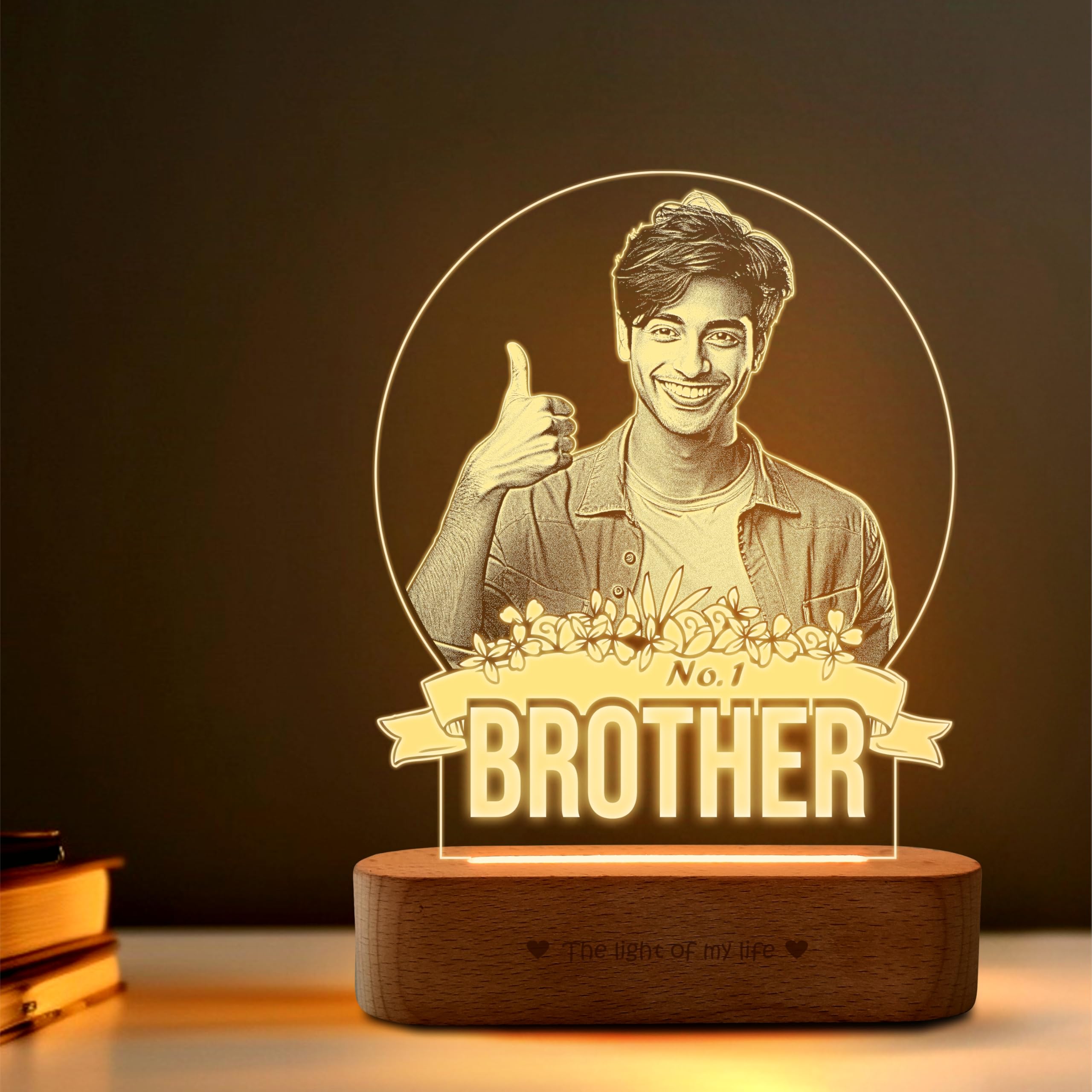 ZOCI VOCI Personalized Rakhi Gift for Brother - No.1 Brother Custom UV Printed LED Photo Lamp, Warm White Acrylic Night Lamp with Wooden Base, Customized Rakshabandhan Gift