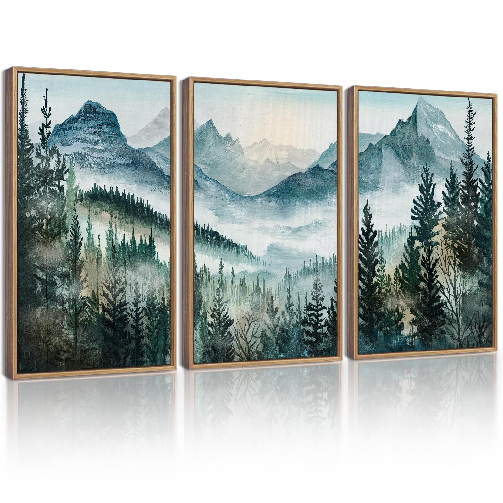KUVIOKE Landscape Mountain Range Wall Art Set Watercolor Foggy Pine Tree Forest Nature Scenry Mist Wilderness Farmhouse Rustic Modern Art Decorative for Living Room Bedroom 11x 14in (Natural Framed)