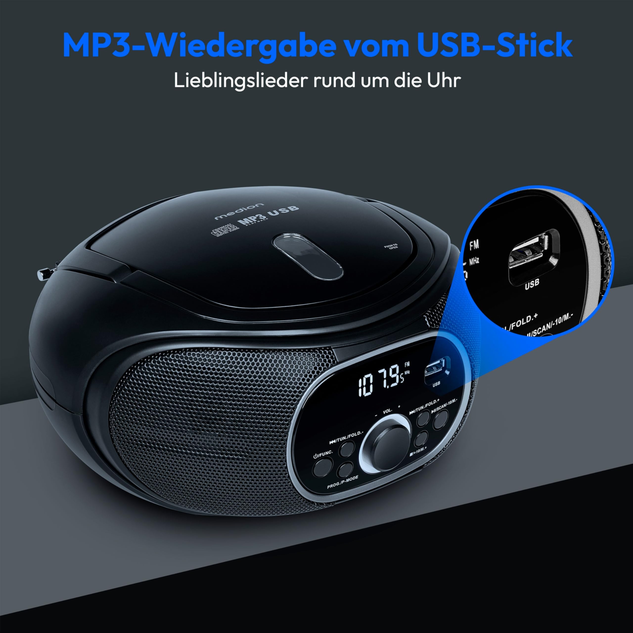 MEDION Przenośny Boombox E65711, odtwarzacz CD/MP3, FM FM, AUX, zasilanie bateryjne, czarny