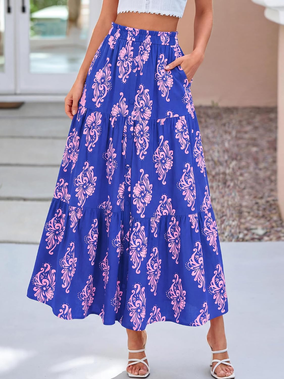 BTFBM Maxi Skirts for Women Summer Outfits Elastic High Waist A Line Boho Beach Vacation Cruise Floral Long Skirt 2026