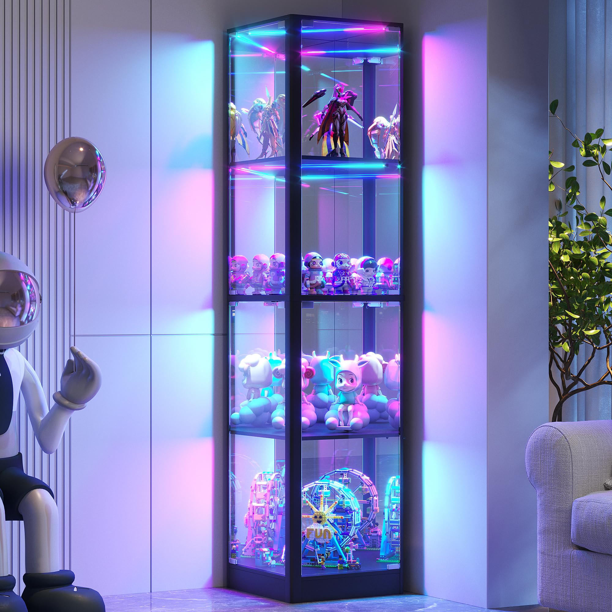 FREDEES Glass Display Cabinet with RGB Lights, 175CM, Black