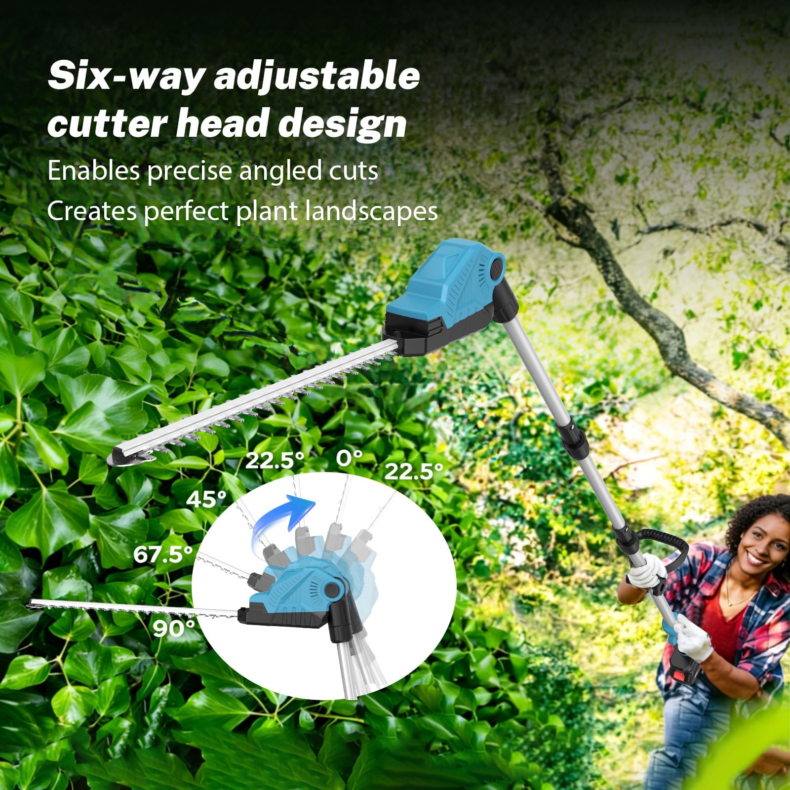 Cortasetos eléctrico con batería telescópica con 2 baterías de 4000 mAh, 48 cm de longitud de espada, distancia entre dientes de 16 mm, altura hasta 260 cm, cabezal de corte ajustable de 6 posiciones