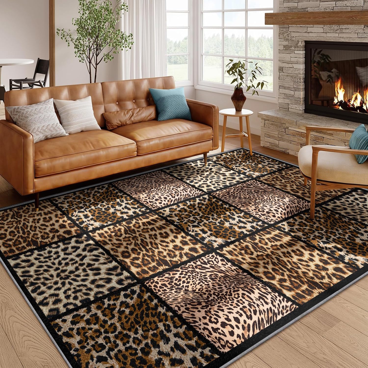 HONGXIU Leopard Print Rugs 140x200cm - Faux Fur Cheetah Animal Pattern Rug, Soft Washable Non-Slip Carpet for Bedroom, Living Room - Home Decor (Brown) — image 1