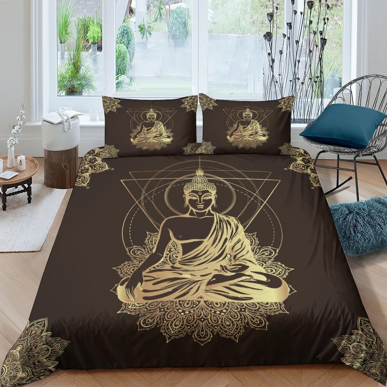 Ctjqhvkz Style-9 3D Printed Golden Buddha Fitted Sheet Microfiber Soft Brown Mandala Bed Cover For Bedroom Dorm Mattress Protection Single（135X200cm）