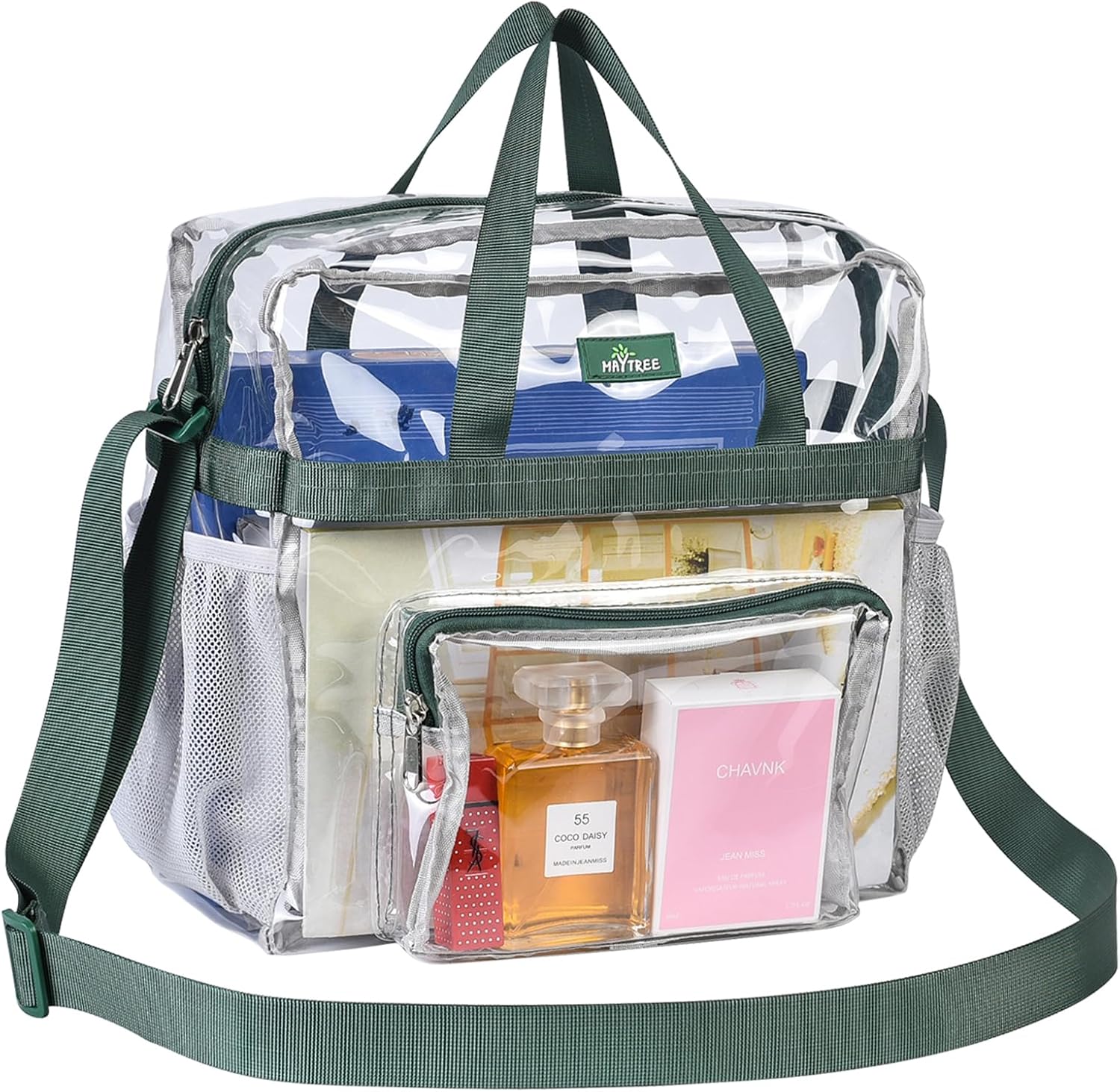 Color Clear with Light Green straps MAY TREE Clear Bag for Stadium Events 12×6×12 Clear Tote Lunch Bag with Reinforced Straps for Work and Sporting Events, Green