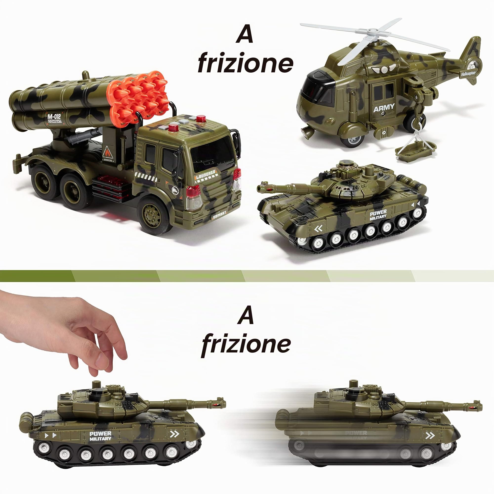 JOYIN 3 in 1 giocattolo per veicoli militari con sirena alimentata ad attrito con action figure, incluso camion militare, elicottero e carro armato giocattolo, veicoli con sirena luminosa e sonora