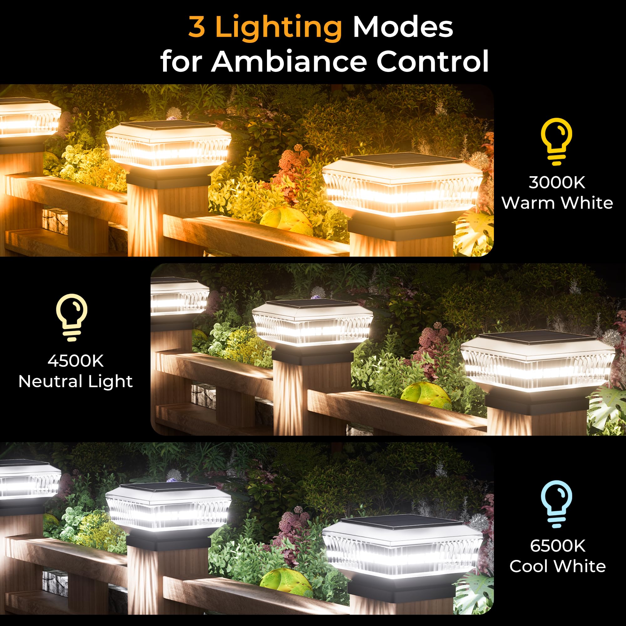 Quntis Solar Pfostenkappen Außen 4er Set, 300LM 3 Modi, 1200mAh Akku, IP65 Wasserdicht Solarzaunleuchten für Holz- & Vinylpfosten ab 9x9cm
