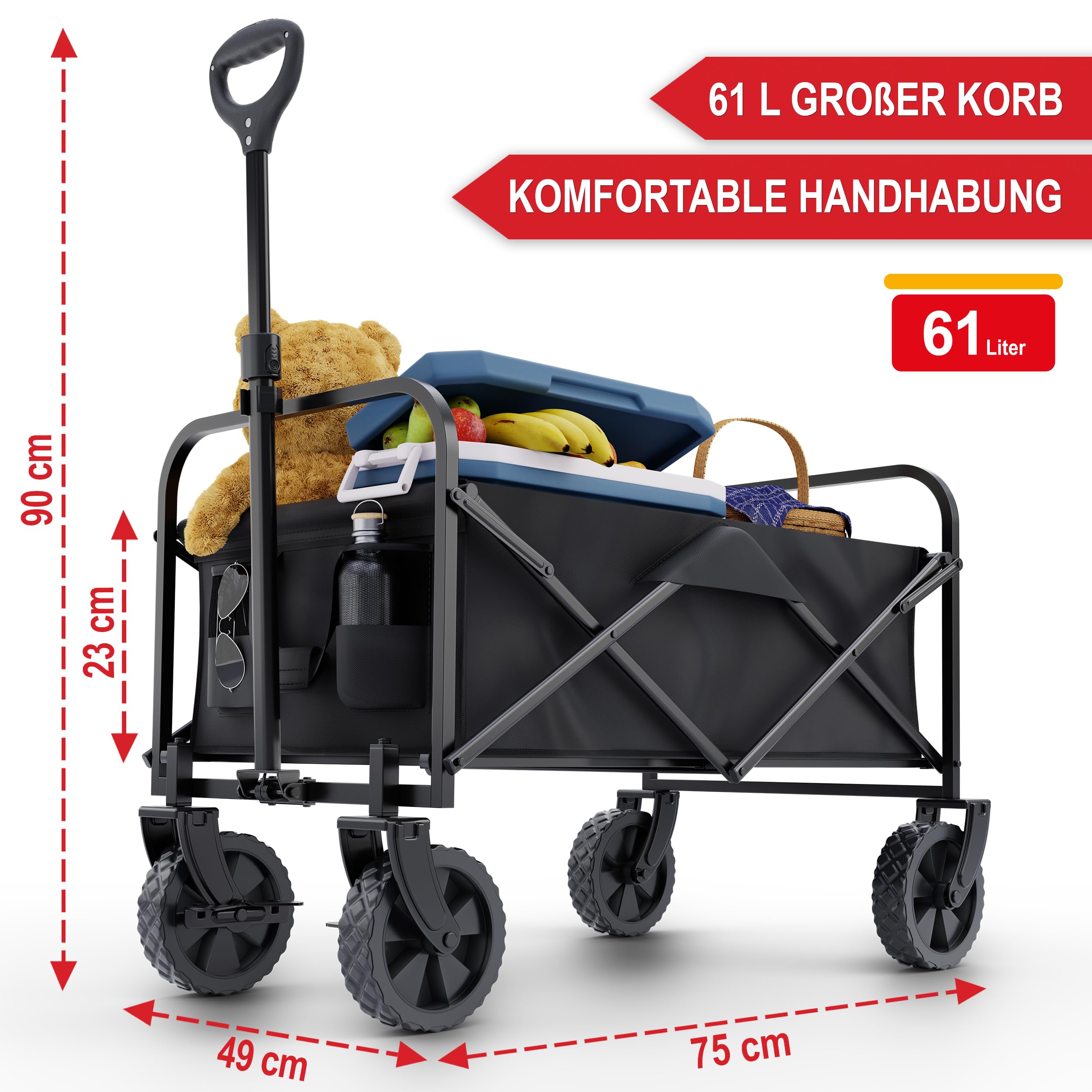 ONBEST Bollerwagen faltbar - Plus Regenschutz - Faltbollerwagen - Bollerwagen Für viele Anwendungen - Outdoor - klappbarer Transportwagen klappbar (Schwarz)