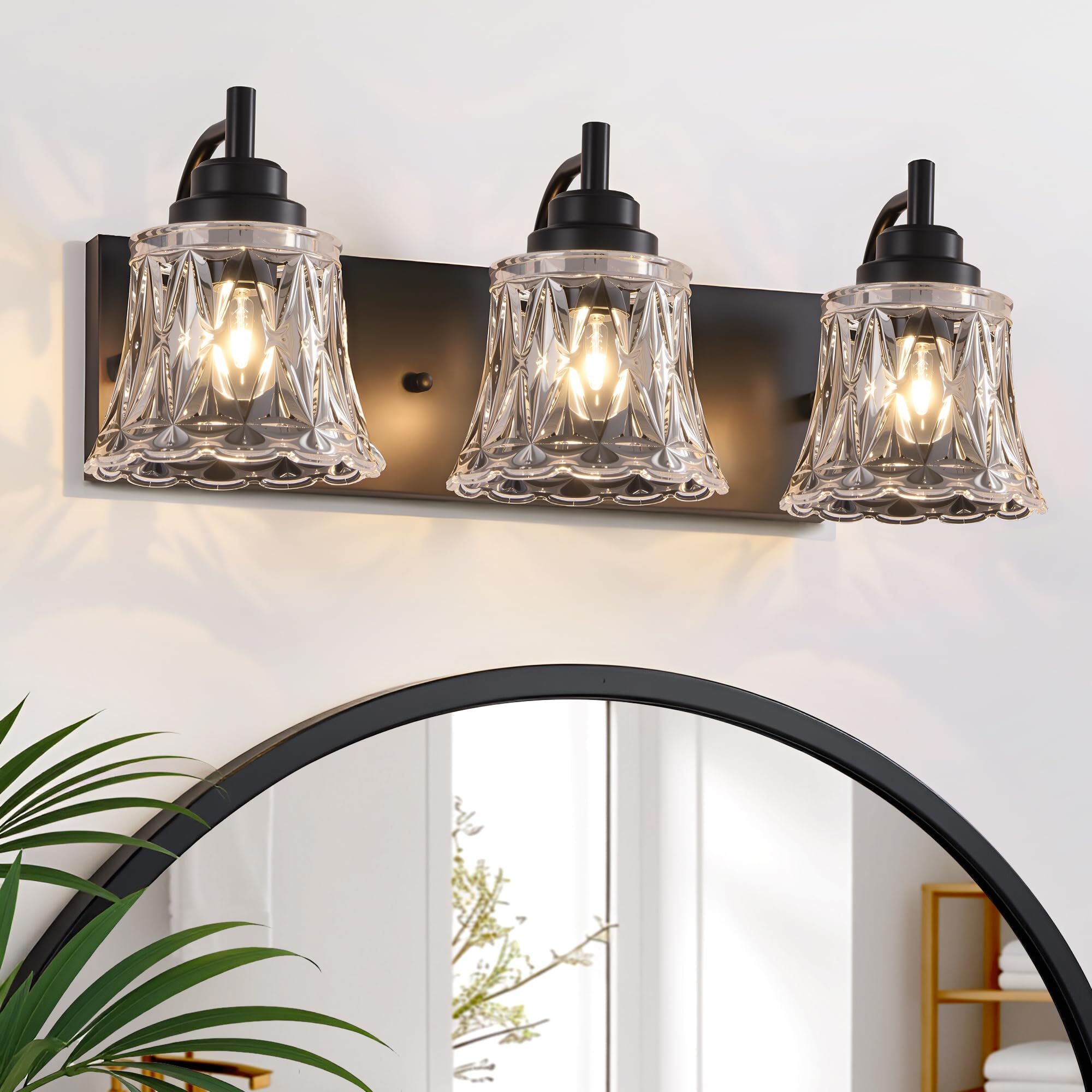 Bathroom Light Fixtures 3 Lights Black Vanity Lights for Bathroom Matte Black Antique Finish with Crystal Glass Shade