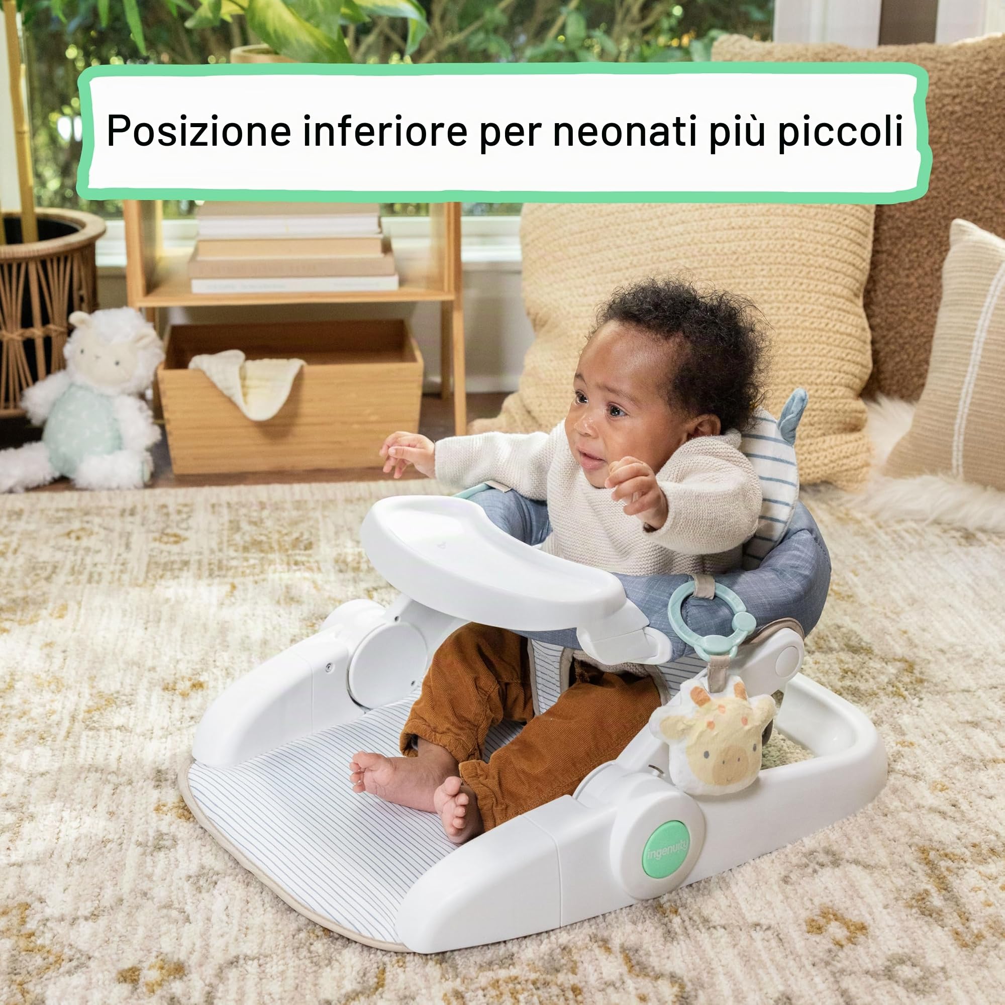 Ingenuity, Sedile da pavimento Prop Spot Learn-To-Sit, 2 giocattoli agganciabili, tappetino per gioco a pancia in giù, unisex, 4-12 mesi - Casi