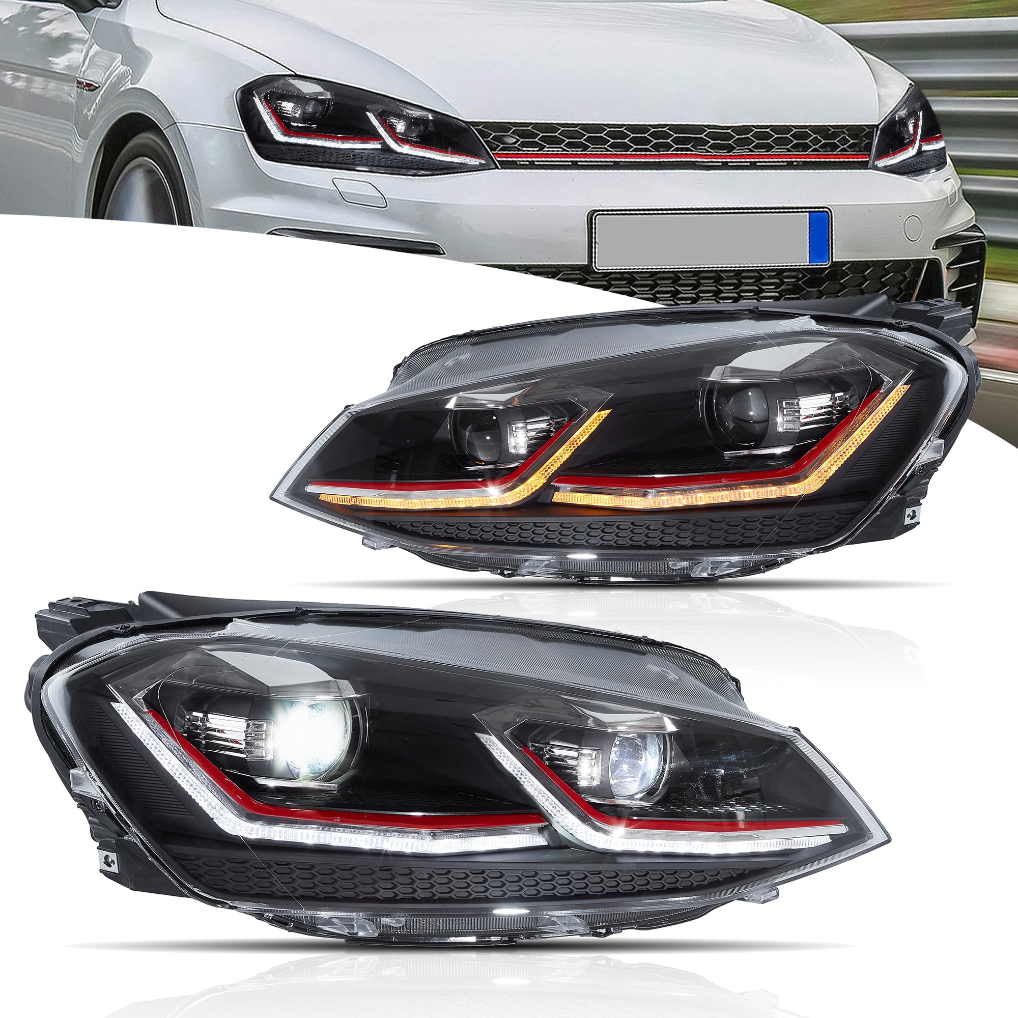 VLAND Pełny reflektor LED do Golf 7 Golf MK7 TSI TDI halogen 2012-2016 [Nie dla GTI/GTD/Xenon/Golf 7.5] z sekwencyjnym wskaźnikiem kierunku - czerwony