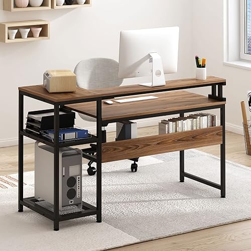 Miniatura 4 de SogesHome Escritorio para computadora de 63 pulgadas, escritorio de caballete con estante lateral de 2 niveles, escritorio de juegos de trabajo de