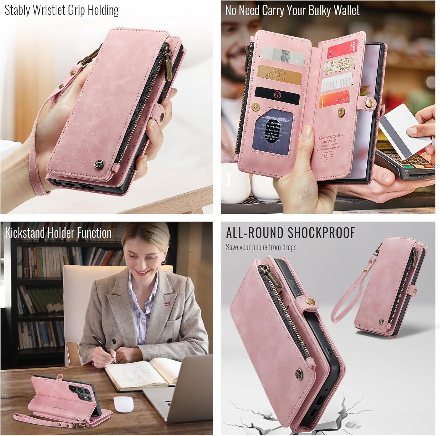 Defencase for Galaxy S25 Ultra Case Wallet with RFID Blocking Card Holder for Women Men, PU Leather Magnetic Snap Flip Wristlet Strap Zipper Wallet Phone Cases for Samsung Galaxy S25 Ultra 6.9", Pink
