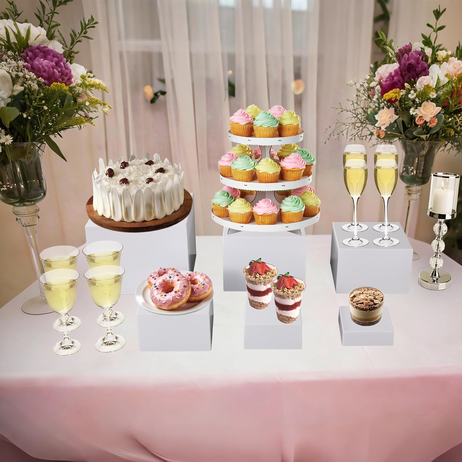 6PCS White Food Risers Set for Buffet Table, Buffet Risers and Stands, Food Stands for Party Catering Dessert , Acrylic Nesting Cube Boxes, Collectibles Jewelry Display Shelf (Size 8" 7" 6" 5" 4" 3")