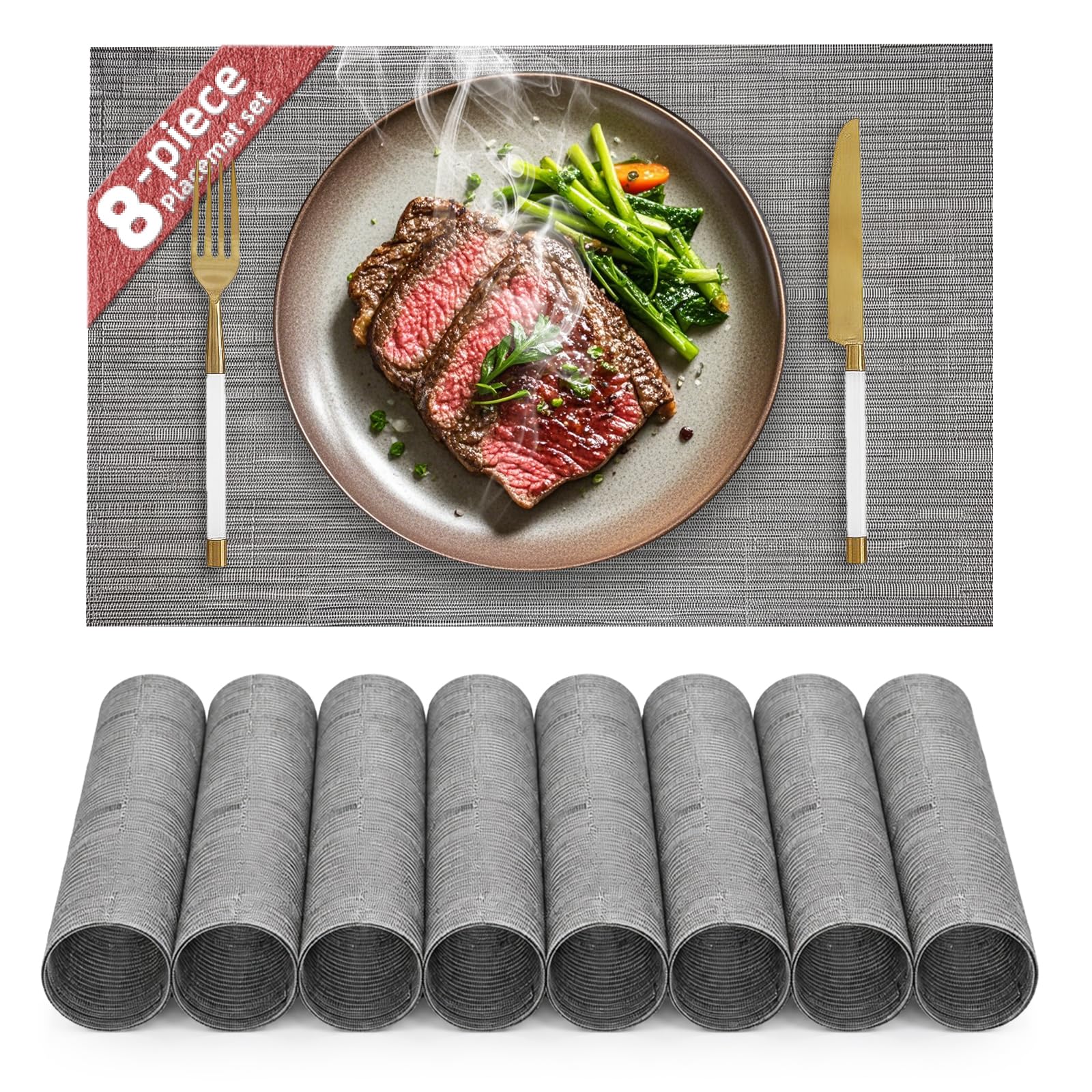 HELI MIAO Table Mats Set of 8, PVC Place Mats Washable Non-Slip & Heat Resistant, Wipe-Clean Woven Placemats for Kitchen Dining Table Hotel, 17"X12" – Light Grey — image 1
