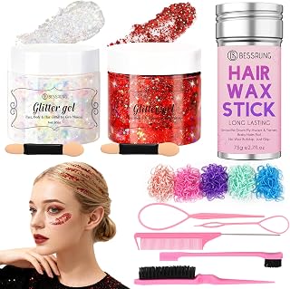 Hair Accessories Kit with Hair Glitter for Women Girls, Body Face Glitter Silver Red Glitter Gel for Makeup, Hair Wax Stick, 500 Pcs Toddler Hair Elastic, Hair Styling Kit with Rat Tail Comb